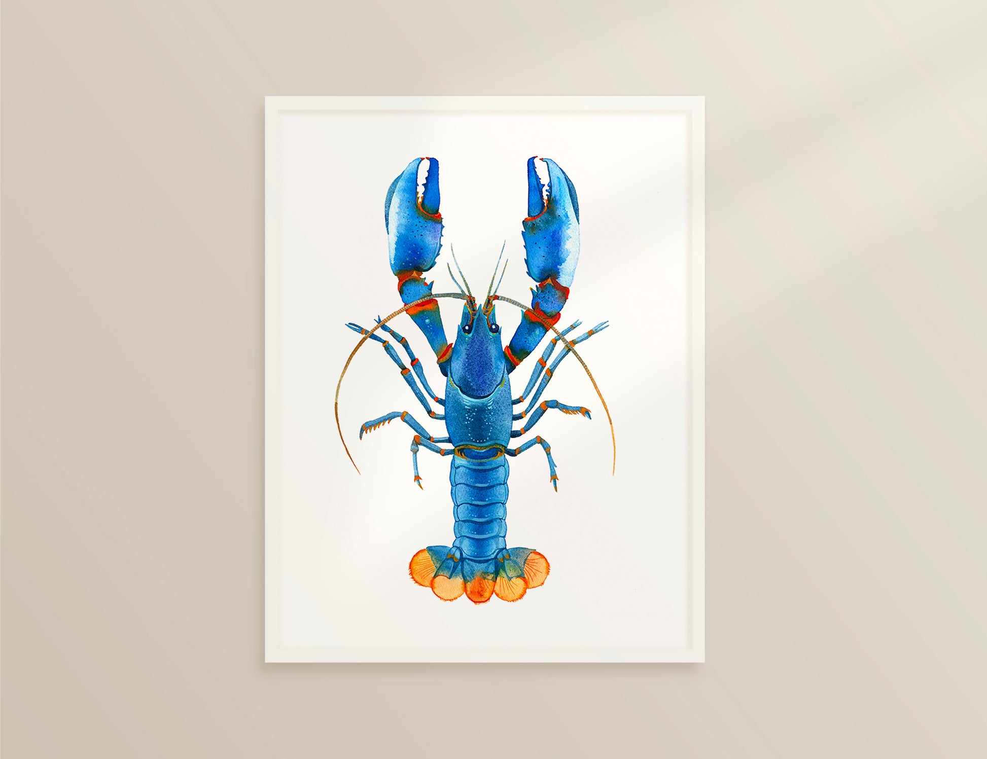 Framed Blue Kong Zebra Crayfish watercolor art print on a beige background