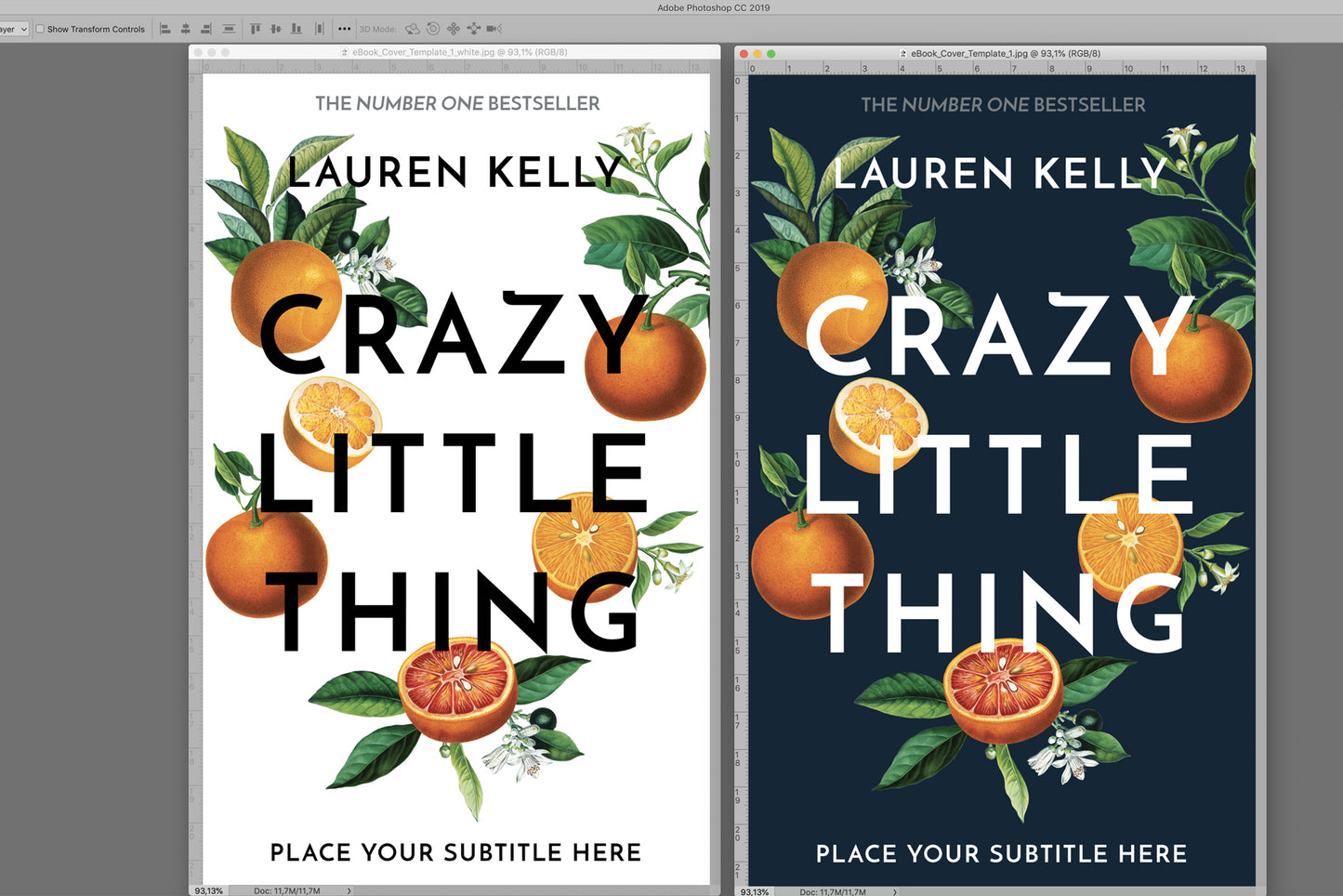 Two versions of a book cover design, featuring vintage botanical oranges illustrations — on a white and black background.
