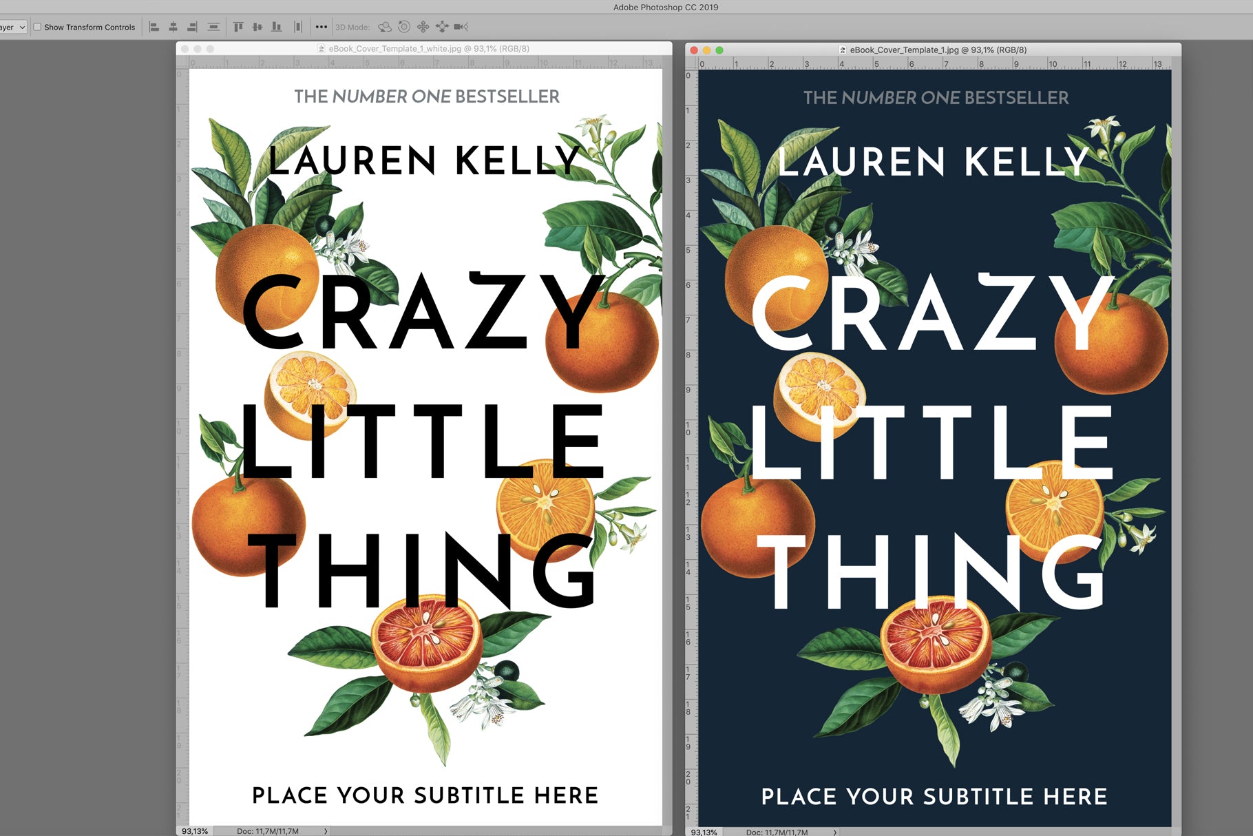 Two versions of a book cover design, featuring vintage botanical oranges illustrations — on a white and black background.
