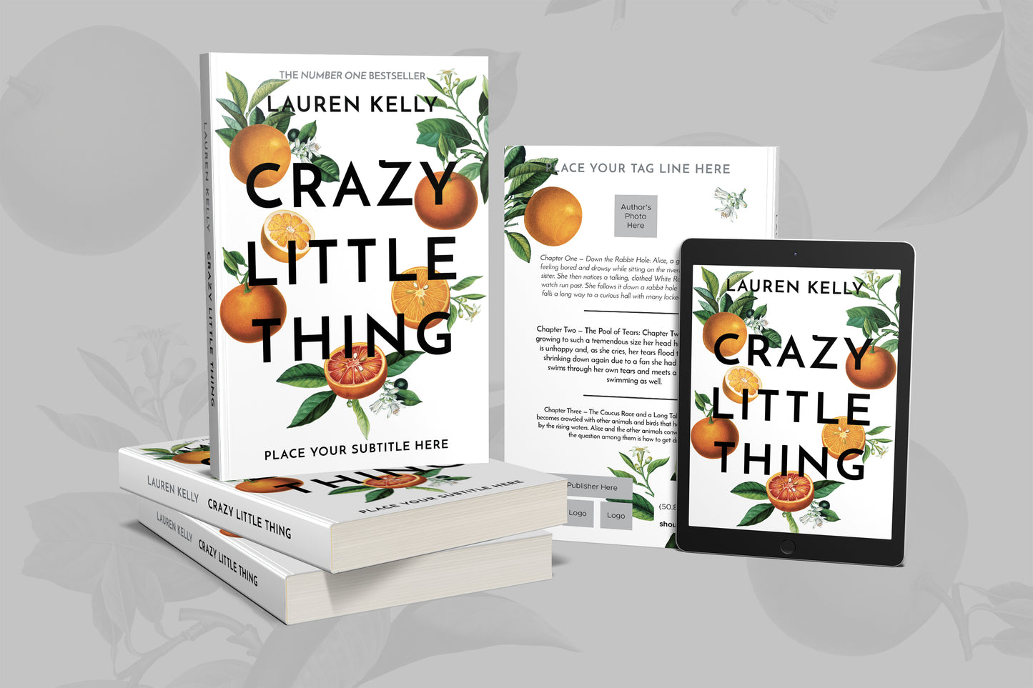 A paperback and e-book book covers featuring vintage botanical oranges illustrations on a white background