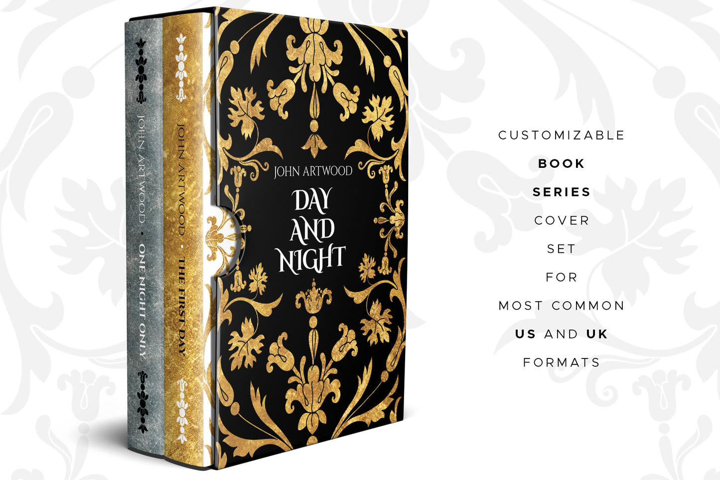 A boxed set with two book covers with gold baroque ornaments.