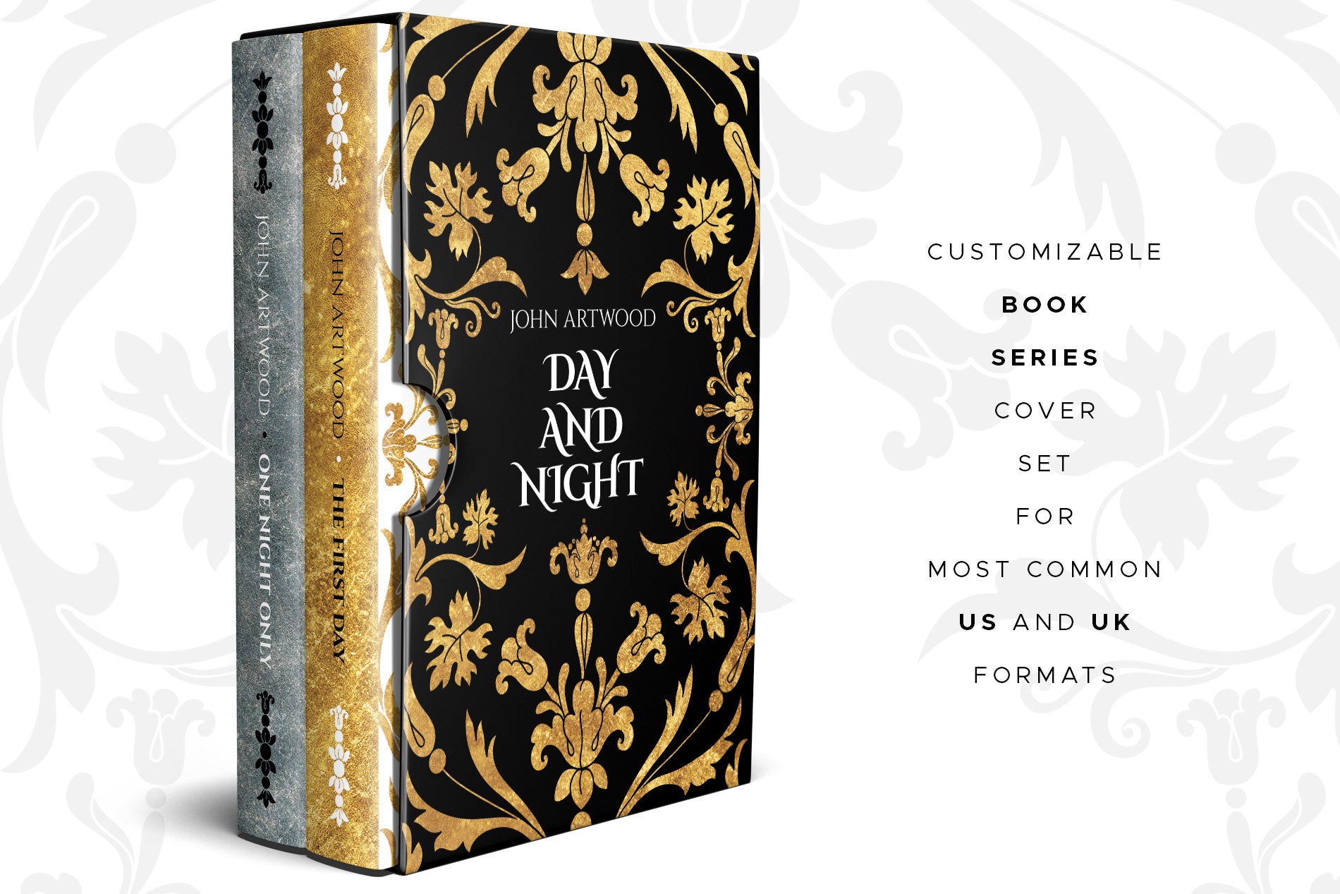 A boxed set with two book covers with gold baroque ornaments.