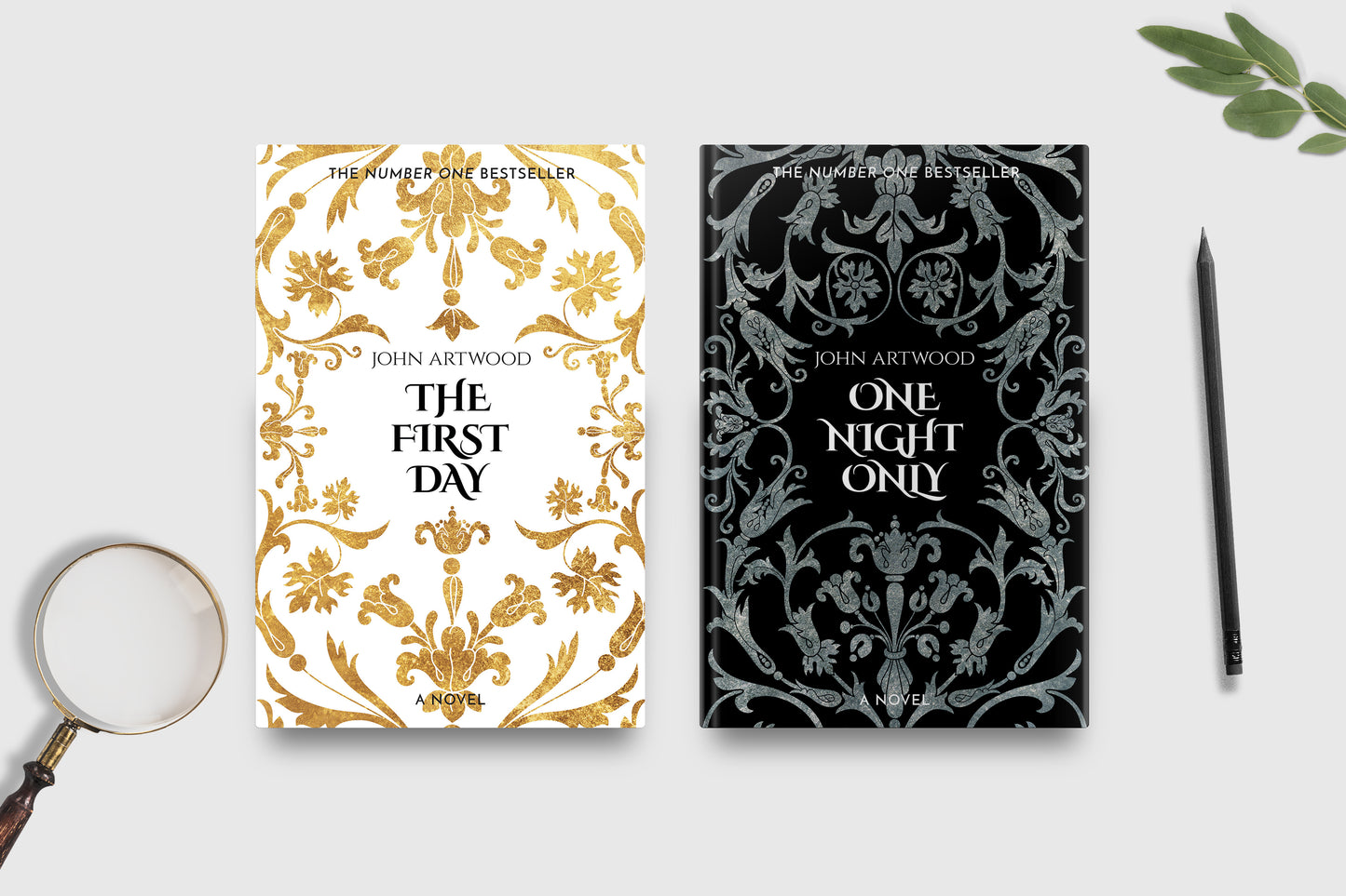 Two hardcover book series covers are displayed side-by-side on a light gray background with styled props (a magnifying glass, pencil, and green leaves). The left cover features a white background with ornate gold baroque patterns and black text.