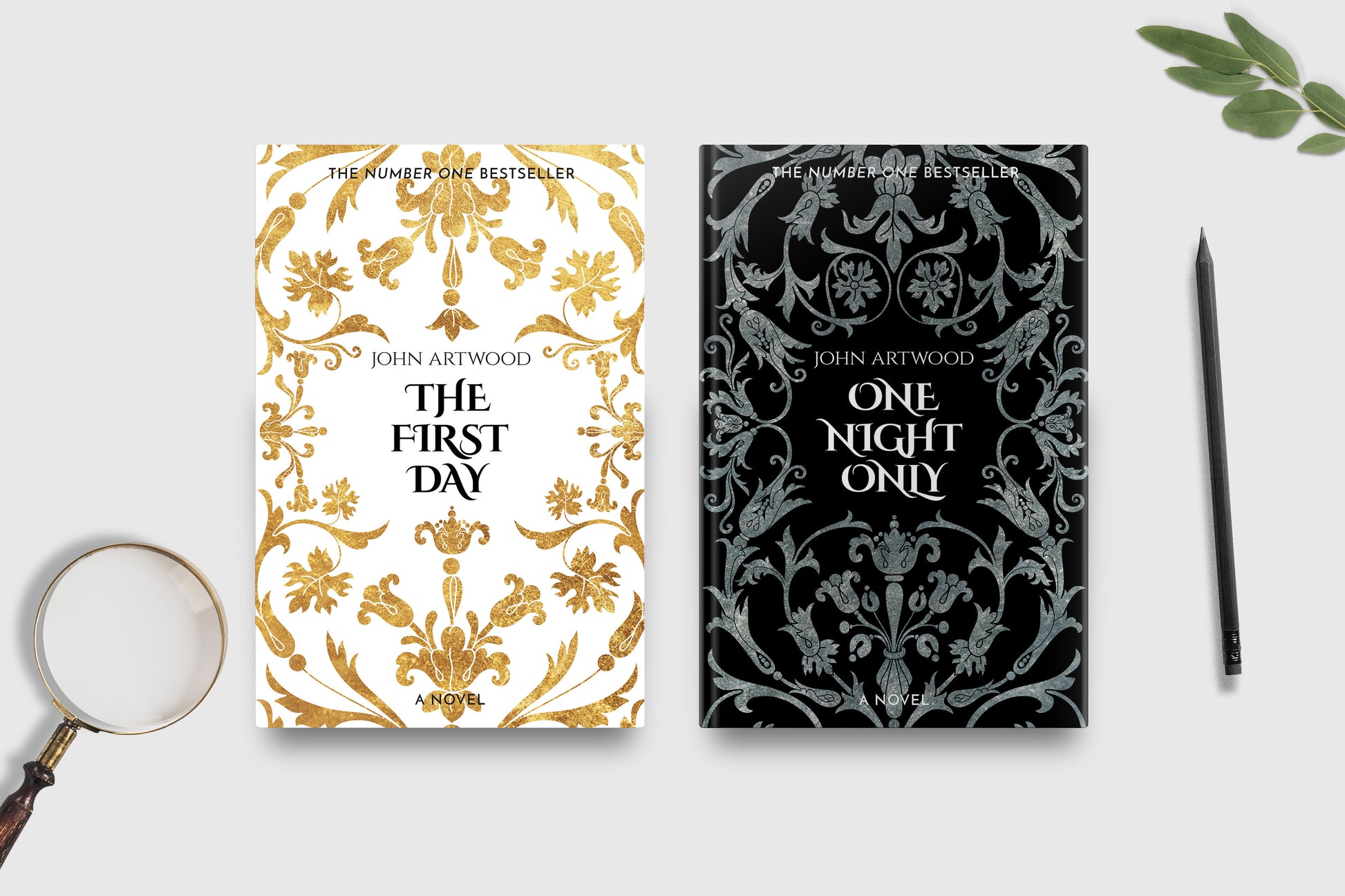 Two hardcover book series covers are displayed side-by-side on a light gray background with styled props (a magnifying glass, pencil, and green leaves). The left cover features a white background with ornate gold baroque patterns and black text.