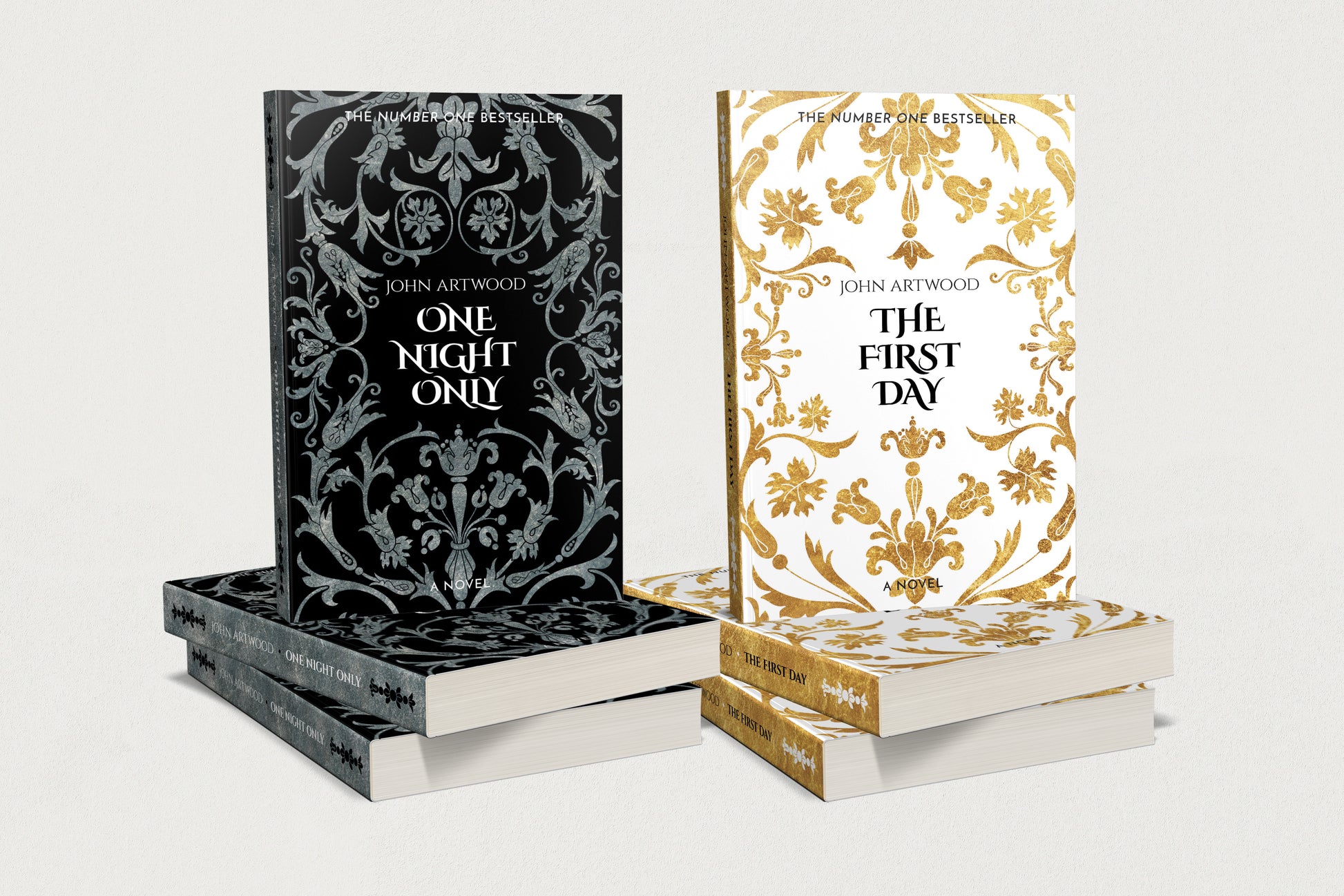 Two premade book series cover templates in black with silver damask detailing and in white with gold damask detailing, displayed on a clean off-white background.