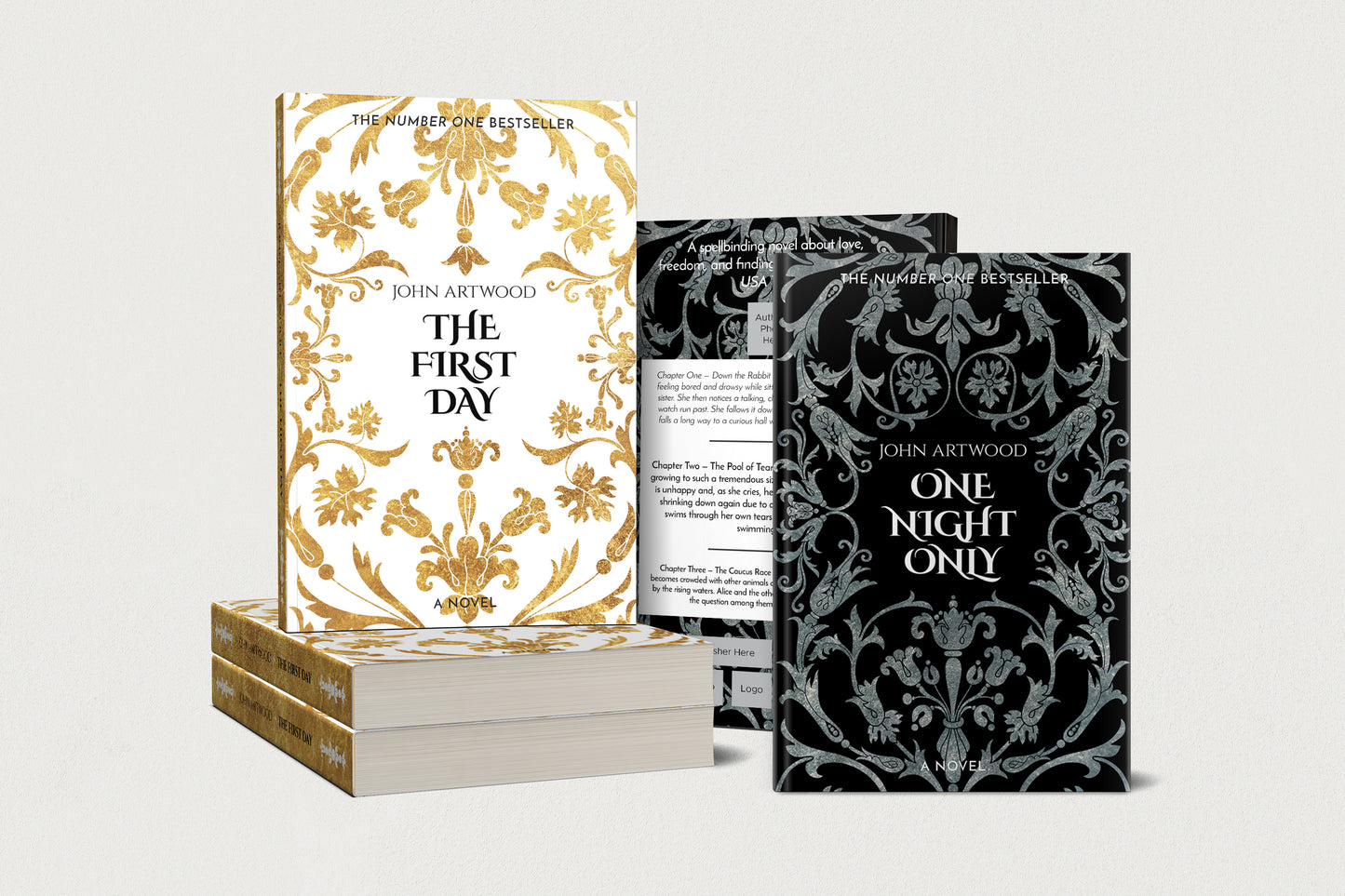 Two book series covers are displayed on a light gray background, showing both the gold-and-white illustrated front cover and the black-and-silver illustrated back cover.