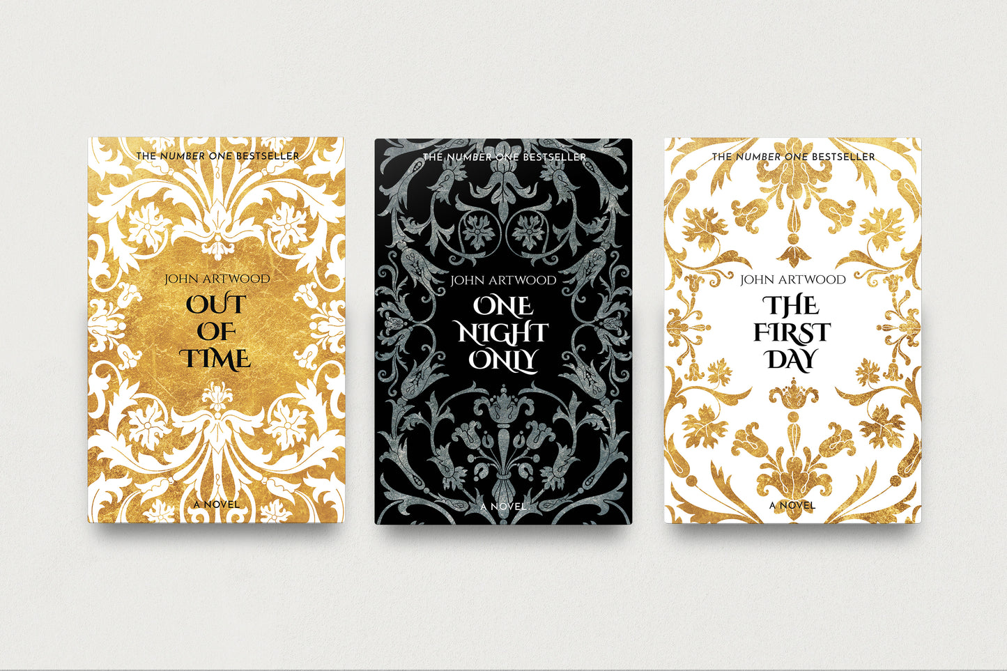 Three premade book series cover templates are displayed side by side against a light gray background. The covers feature ornate baroque-style damask patterns in gold, black, and white.