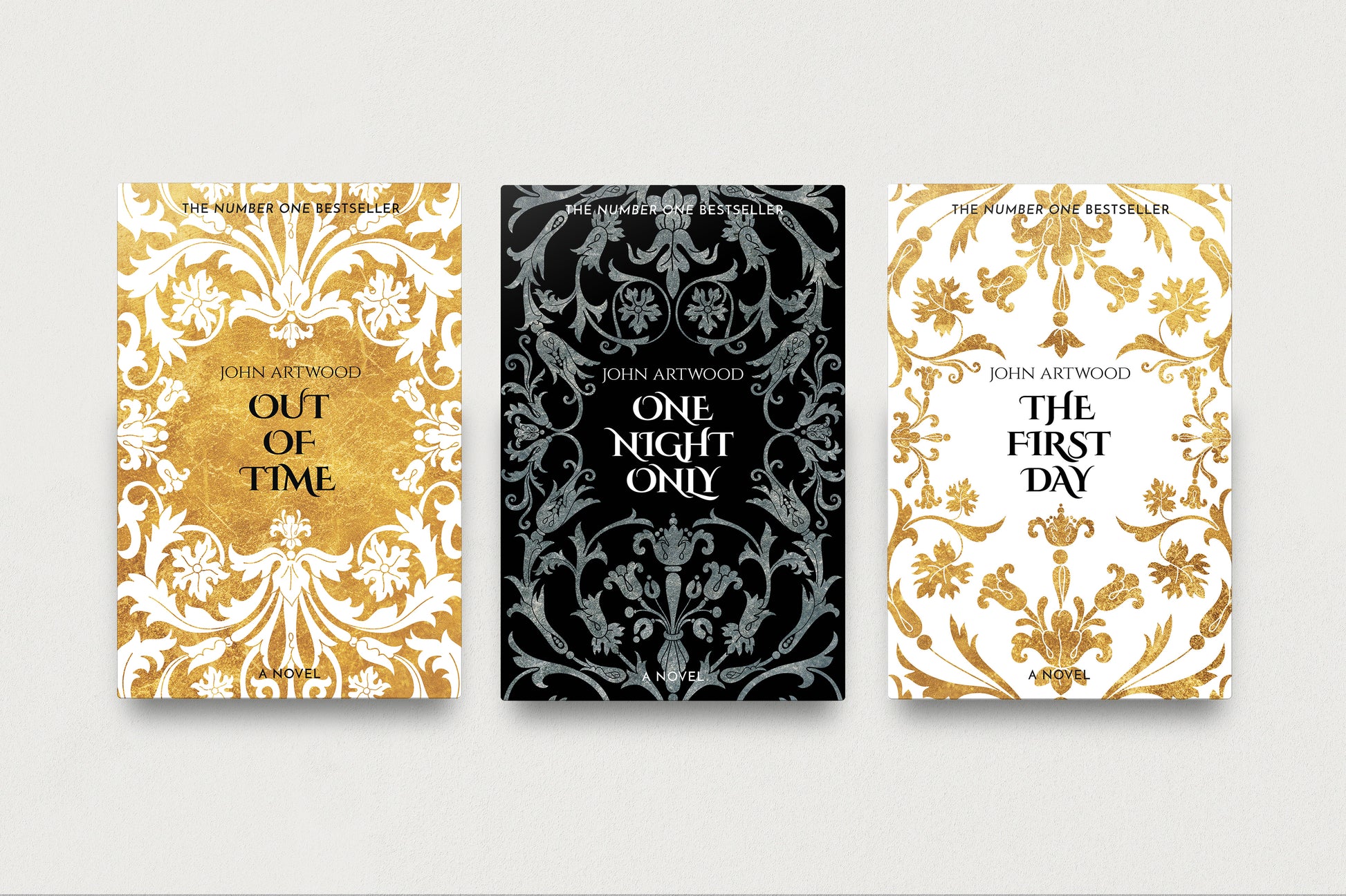 Three premade book series cover templates are displayed side by side against a light gray background. The covers feature ornate baroque-style damask patterns in gold, black, and white.
