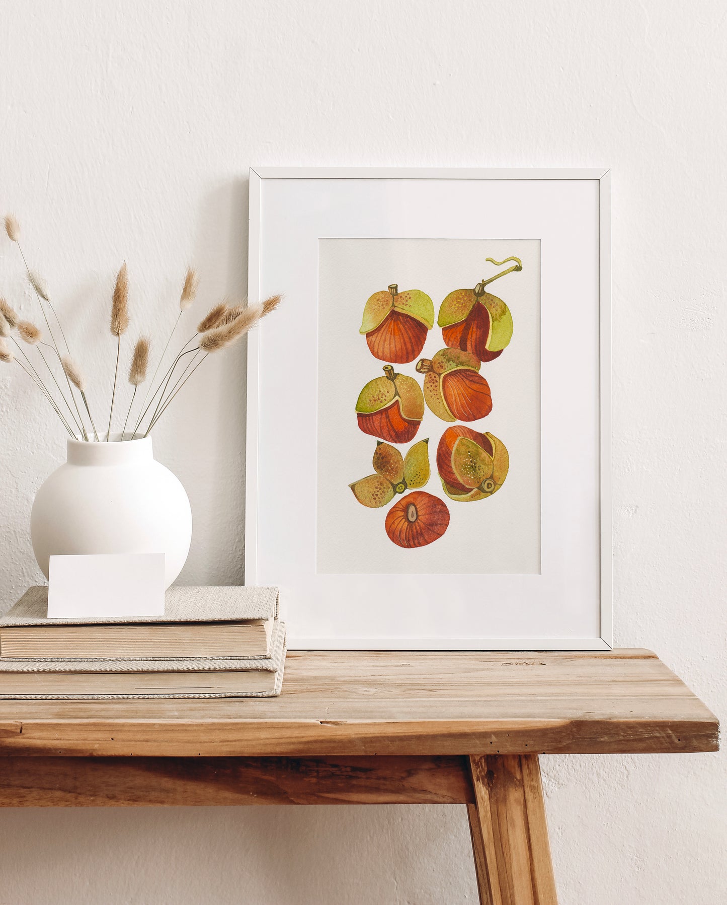 A white-framed botanical watercolor study of bottlebrush buckeye fruits