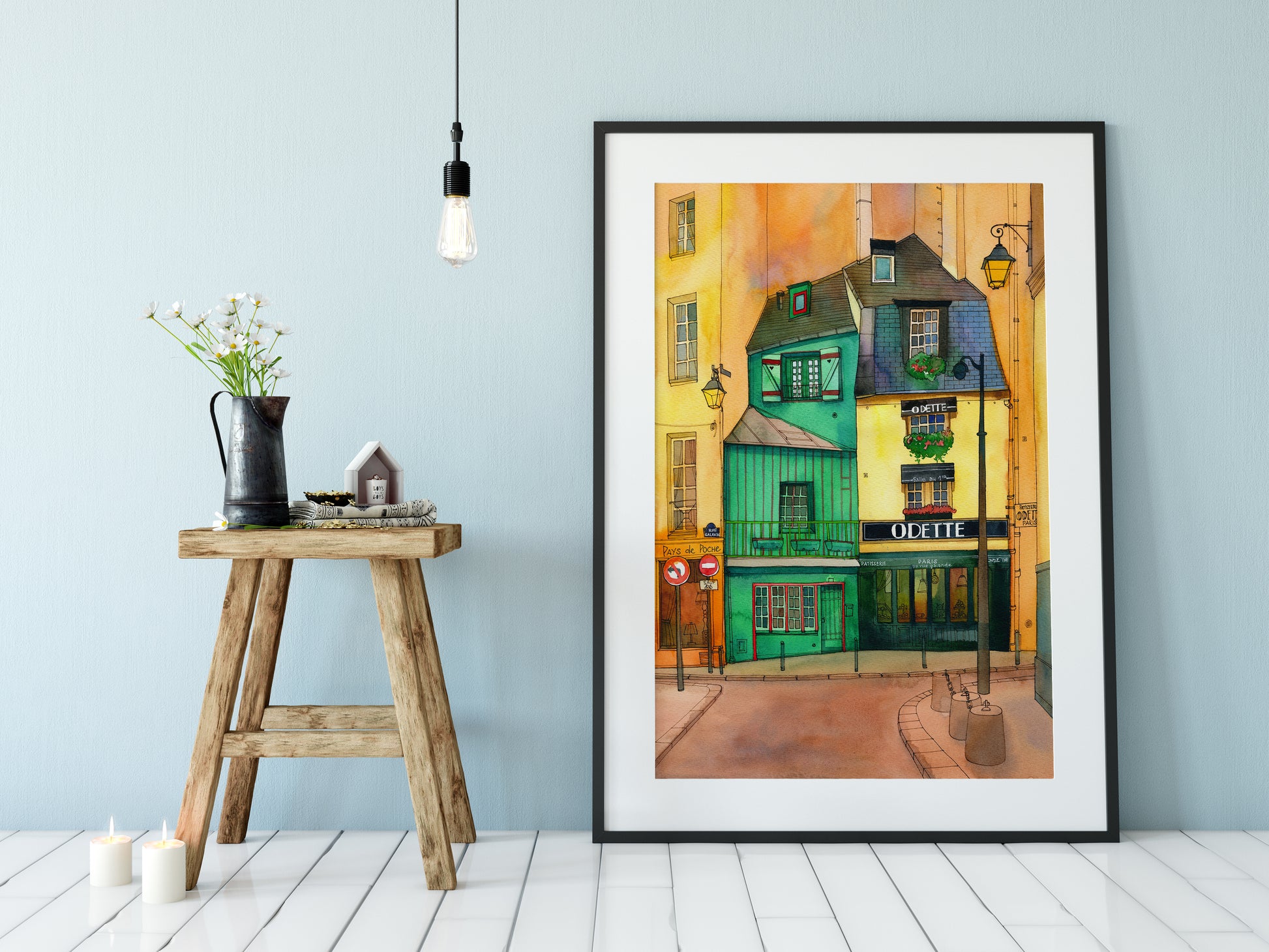 Café Odette in Paris watercolor and ink artwork in a black frame