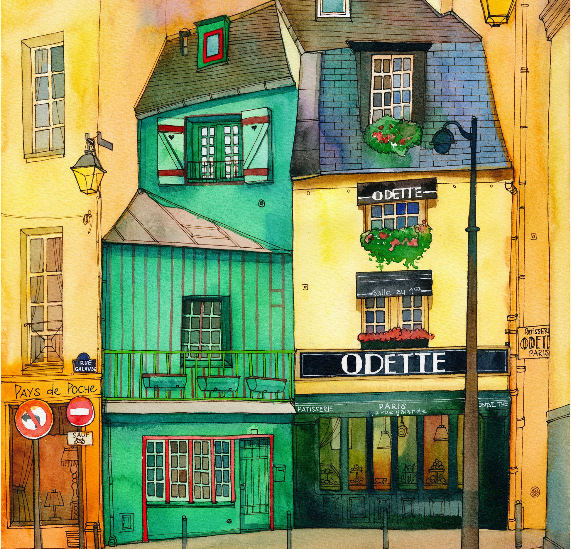 Detail of Café Odette in Paris watercolor and ink artwork