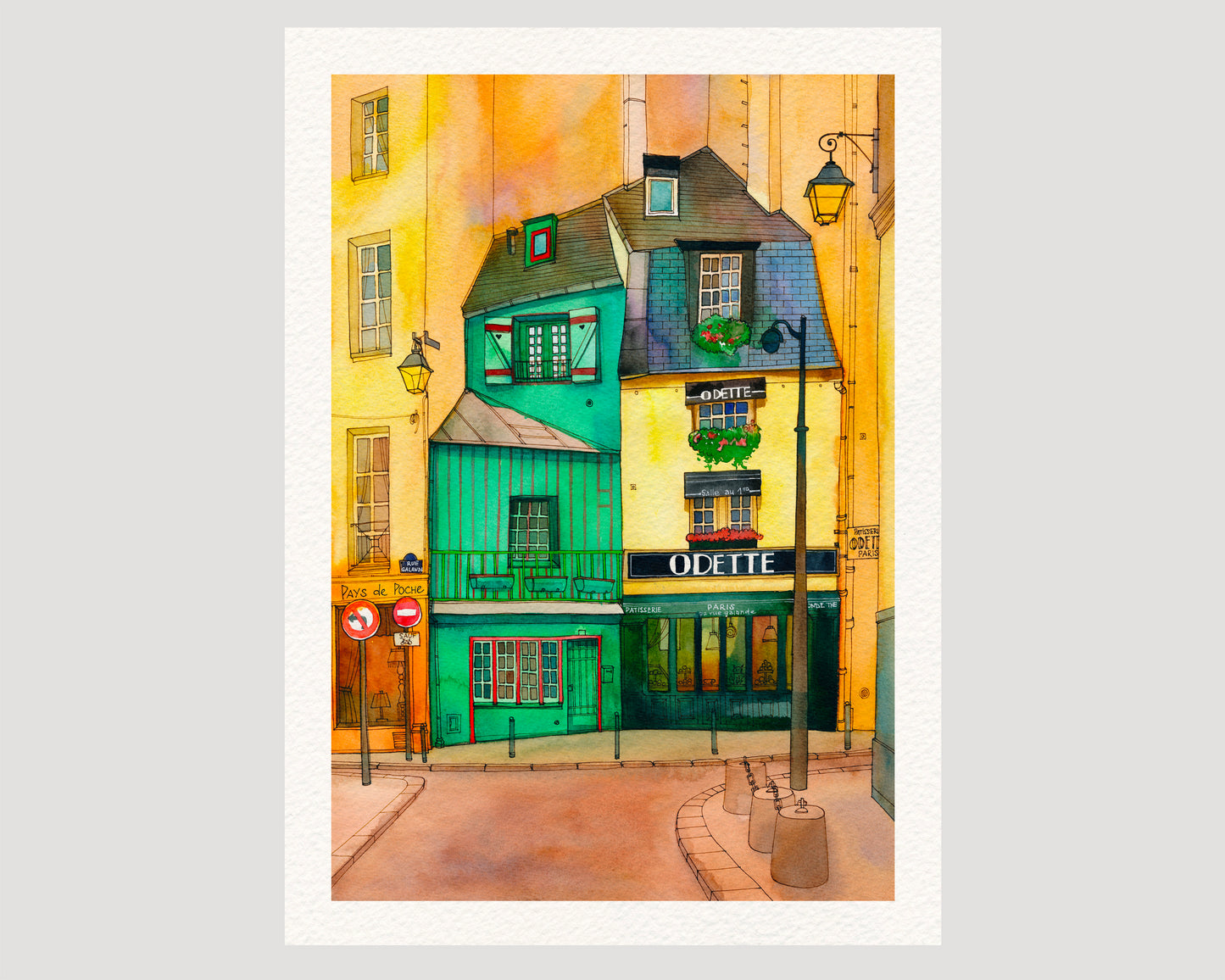 Café Odette in Paris watercolor and ink art print, set against a light gray background.