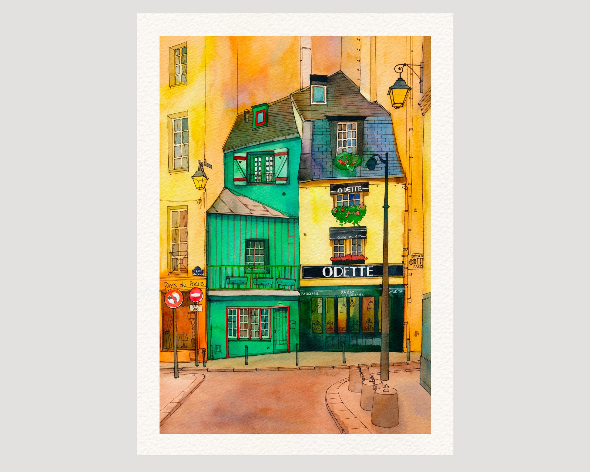 Café Odette in Paris watercolor and ink art print, set against a light gray background.