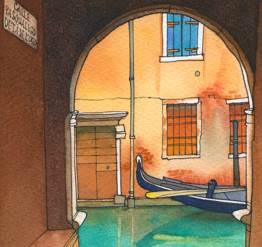 detail of a watercolor and ink painting with a Calle Pasqualigo archway with a a gondola in Venice