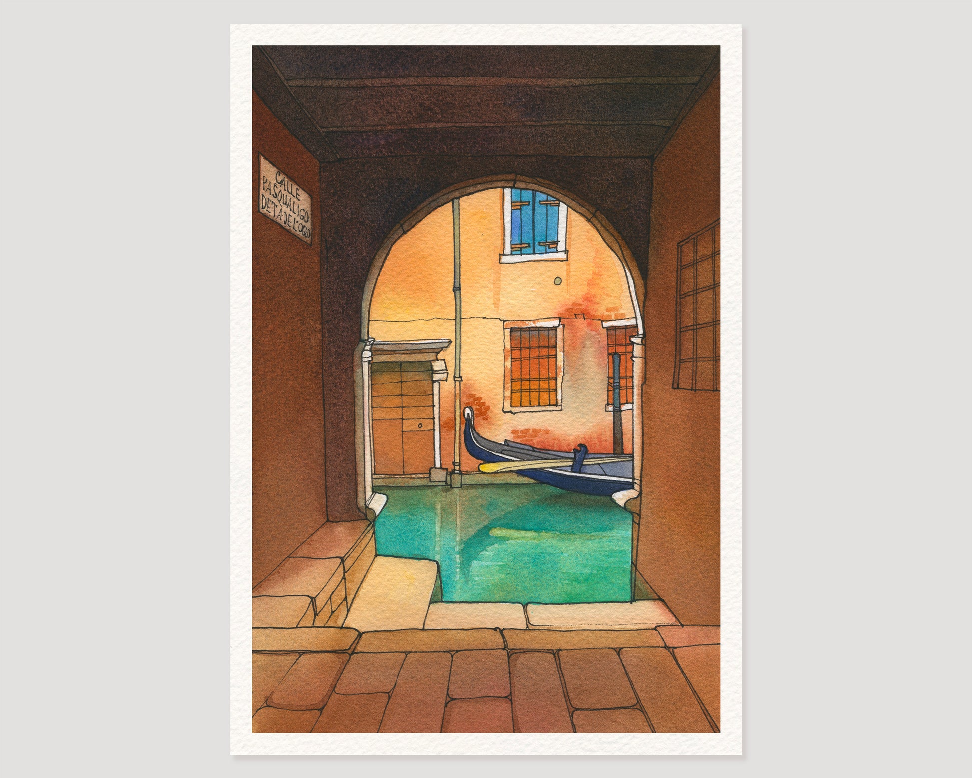 Calle Pasqualigo archway with a a gondola in Venice watercolor print