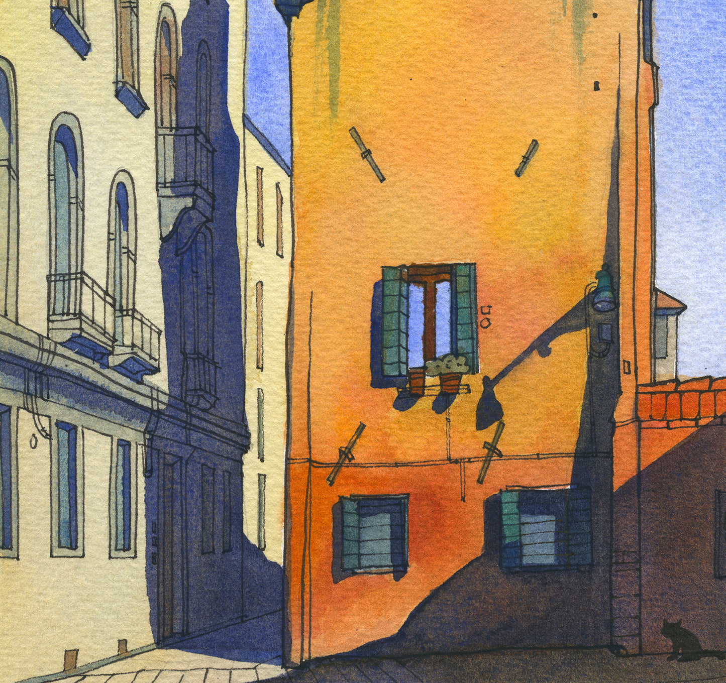 Detail of an original watercolor and ink artwork of Calle Pesaro in Cannaregio, Venice