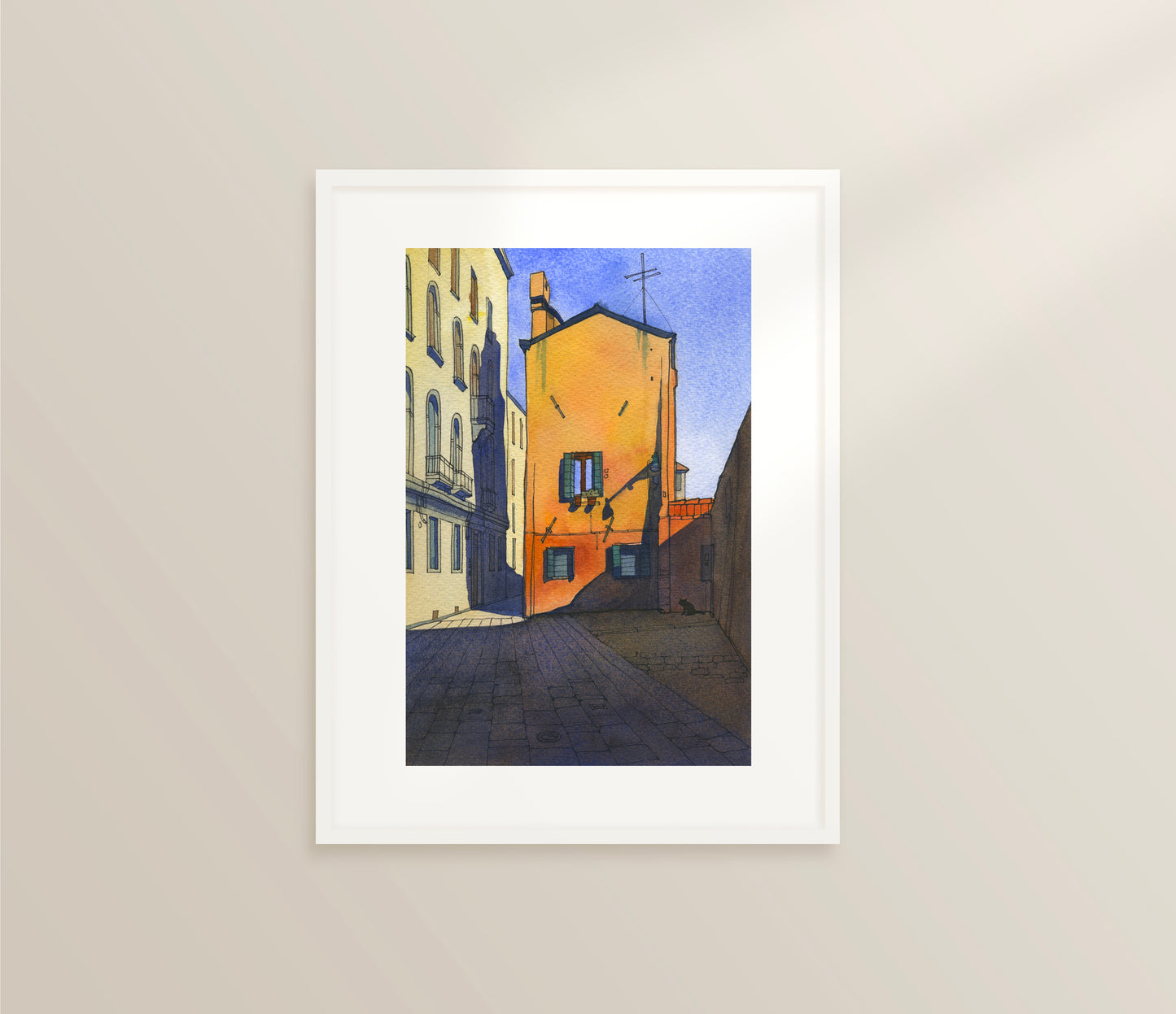 Framed watercolor and ink artwork of Calle Pesaro in Cannaregio district in Venice
