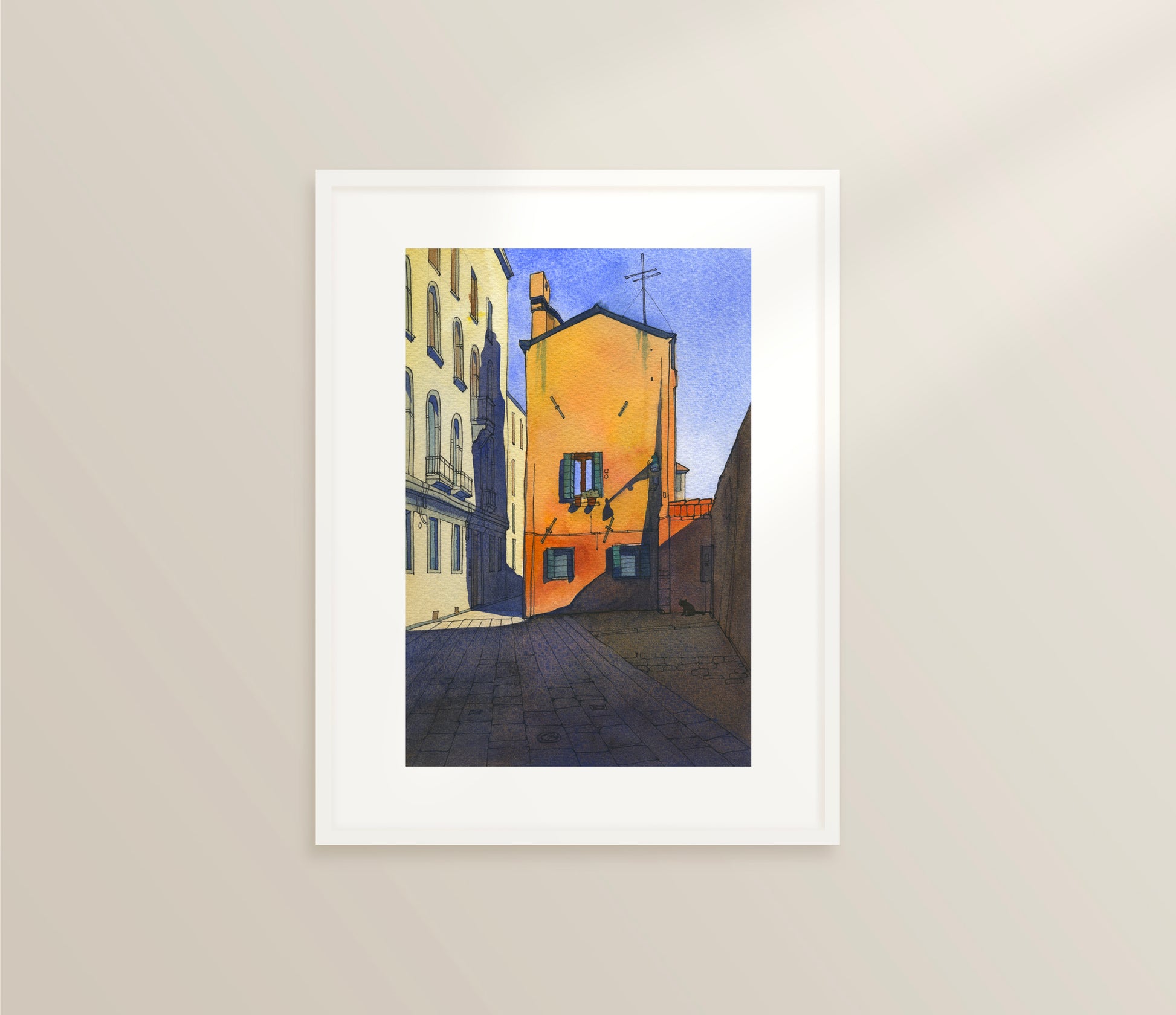 Framed watercolor and ink artwork of Calle Pesaro in Cannaregio district in Venice