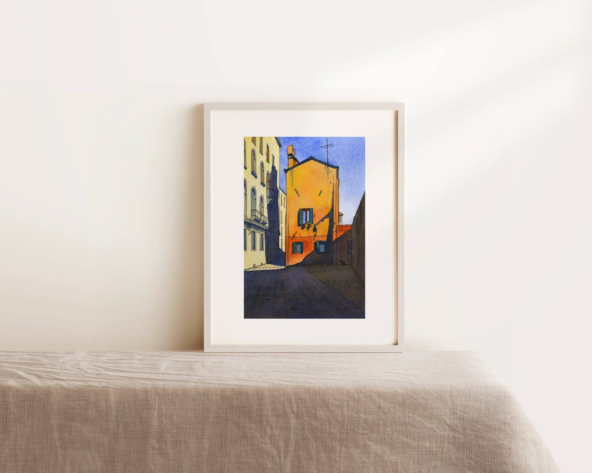 Small framed watercolor and ink artwork of Calle Pesaro in Cannaregio, Venice