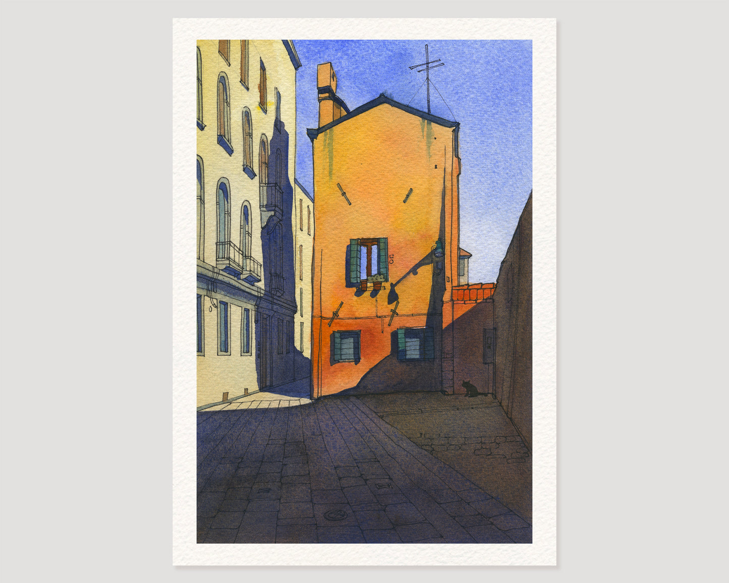 A watercolor art print features Calle Pesaro in Cannaregio, Venice