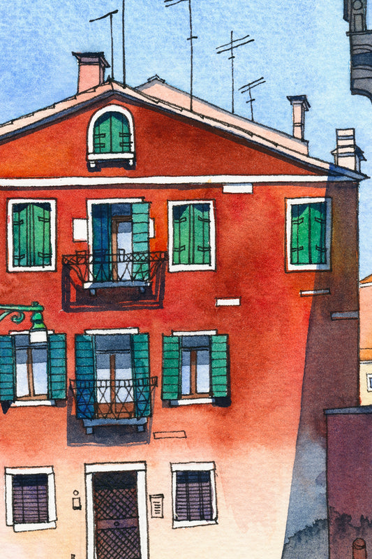 Detail view of a watercolor painting of a red building with green shutters on Calle Sechera in Venice, Italy