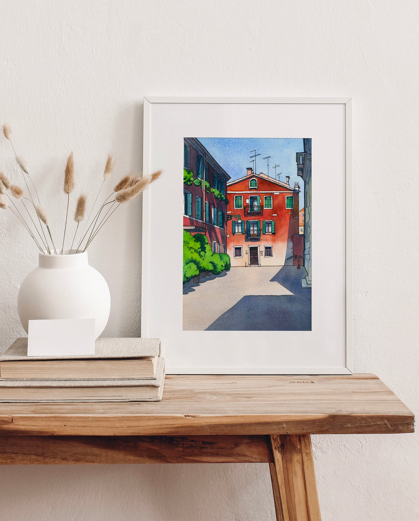 Small framed watercolor art print of Calle Sechera in Venice, Italy