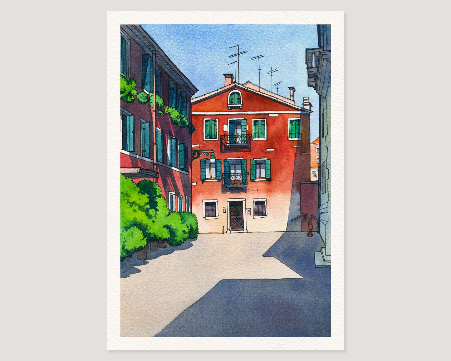 A watercolor art print depicting Calle Sechera in Venice, Italy, with a prominent red building with green shutters.