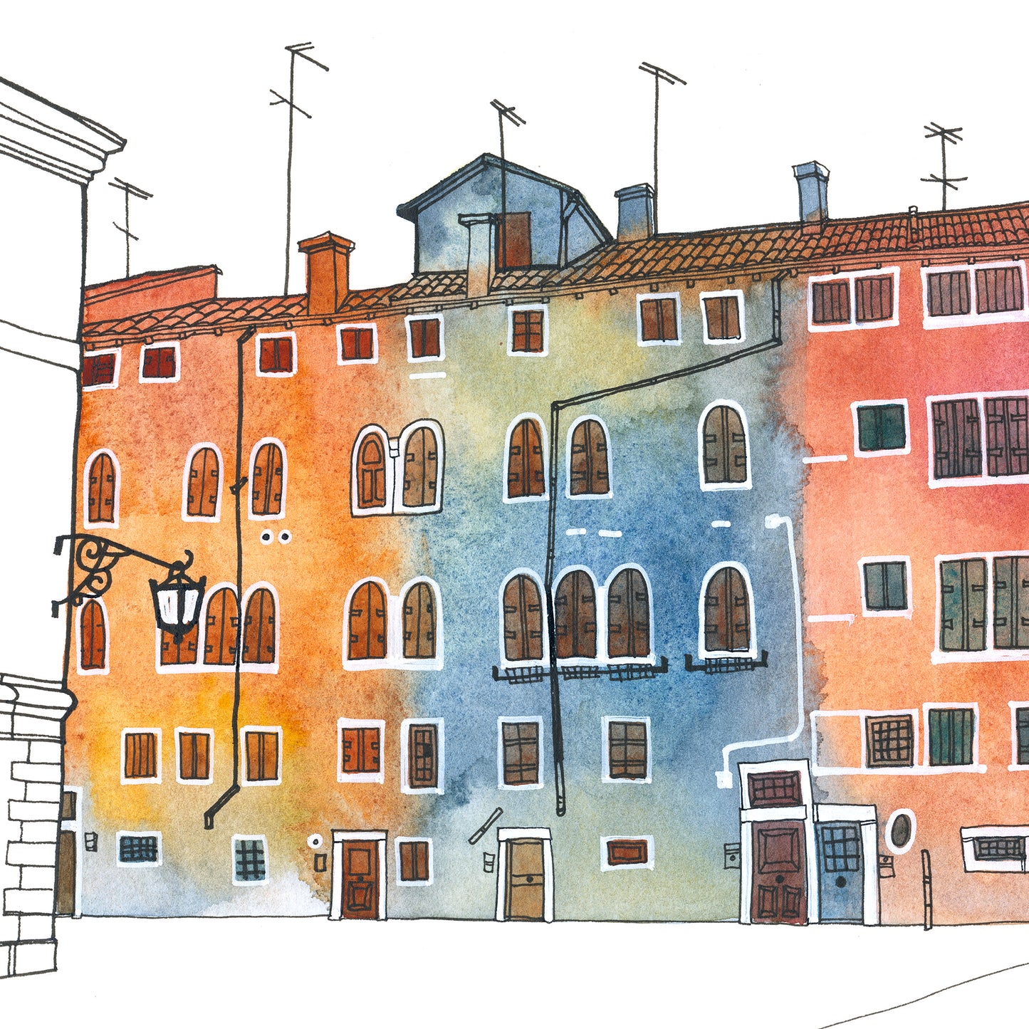 Detail of an ink and watercolor illustration of a row of buildings with windows and doors on Campo San Geremia in Venice, Italy