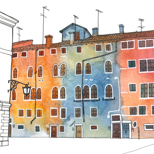 Detail of an ink and watercolor illustration of a row of buildings with windows and doors on Campo San Geremia in Venice, Italy