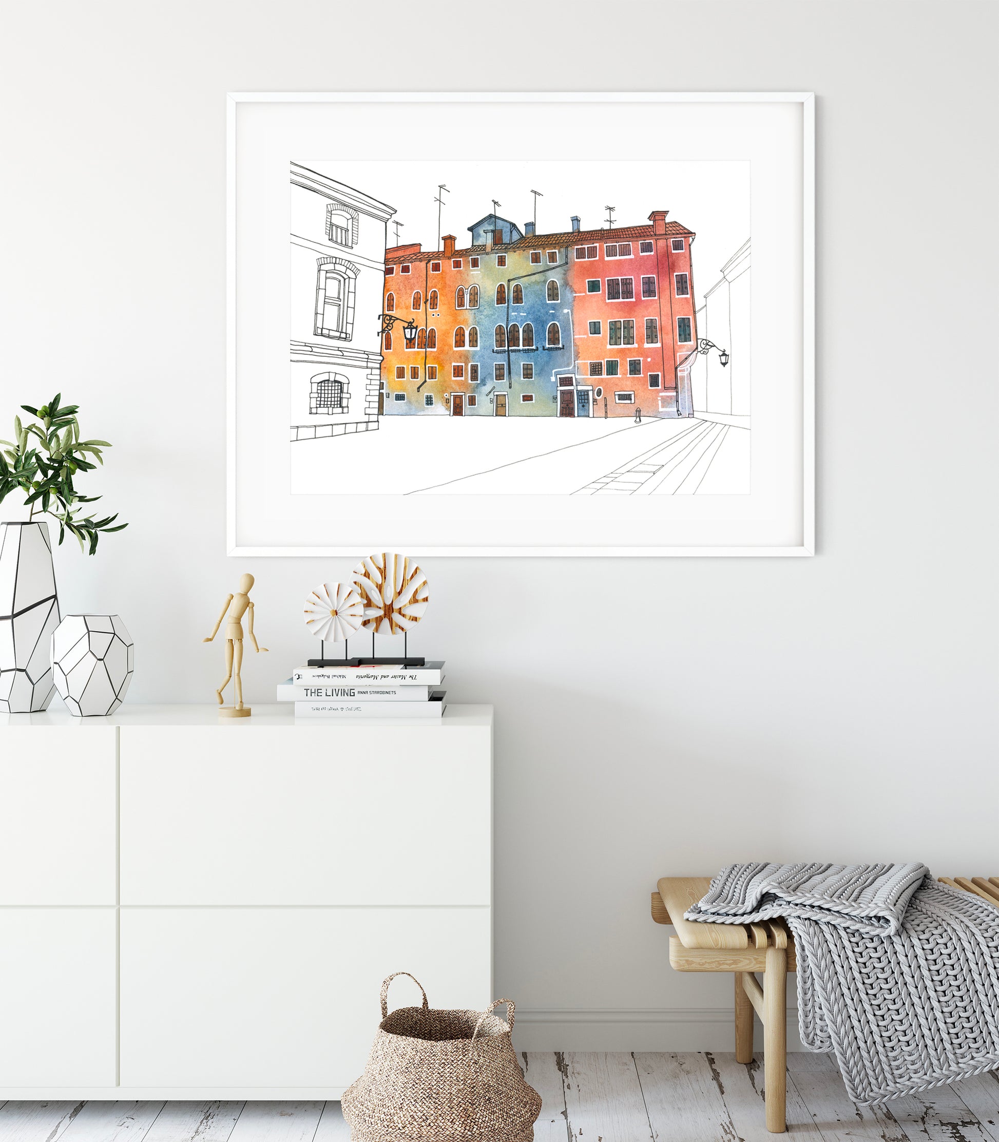 Large framed watercolor and ink artwork of colorful buildings on Campo San Geremia in Venice