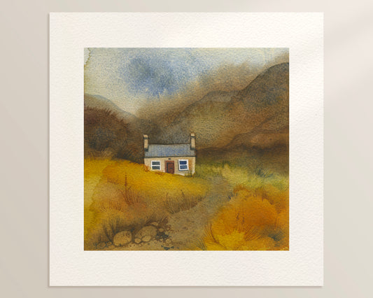 Watercolor painting of Coire Fionnaraich bothy stone cottage in the Scottish Highlands, surrounded by misty hills