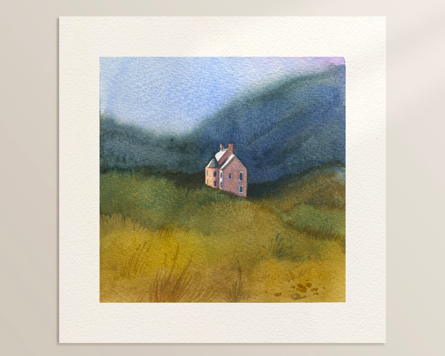 A watercolor landscape featuring Culzie Lodge Pink House on Loch Glass in  Scottish Highlands nestled in a grassy field with blue mountains in the background.