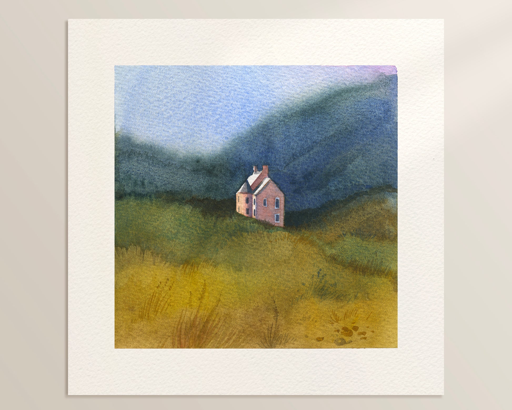 A watercolor landscape featuring Culzie Lodge Pink House on Loch Glass in  Scottish Highlands nestled in a grassy field with blue mountains in the background.