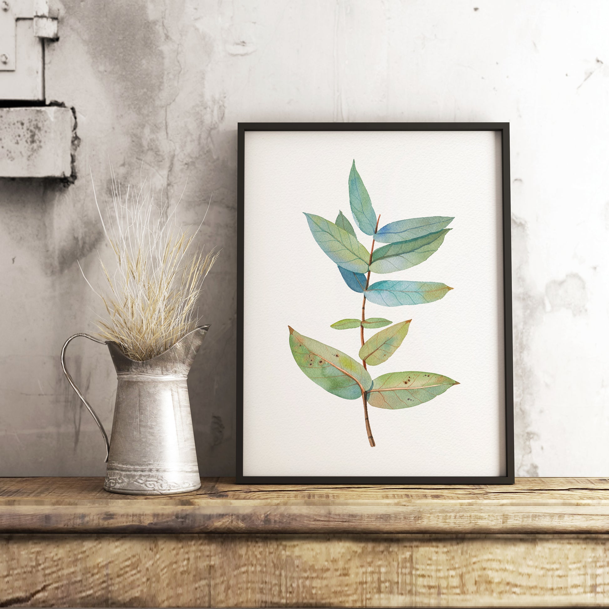 Small eucalyptus branch watercolor print in a black frame