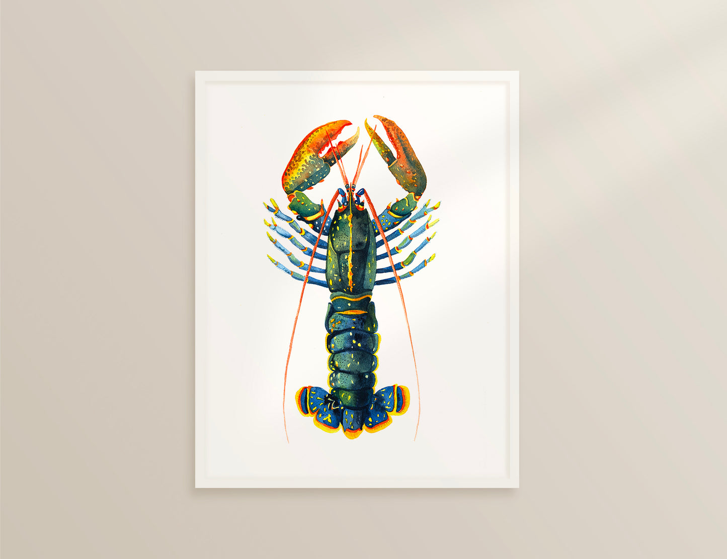 Framed european lobster watercolor art print, displayed on a beige background