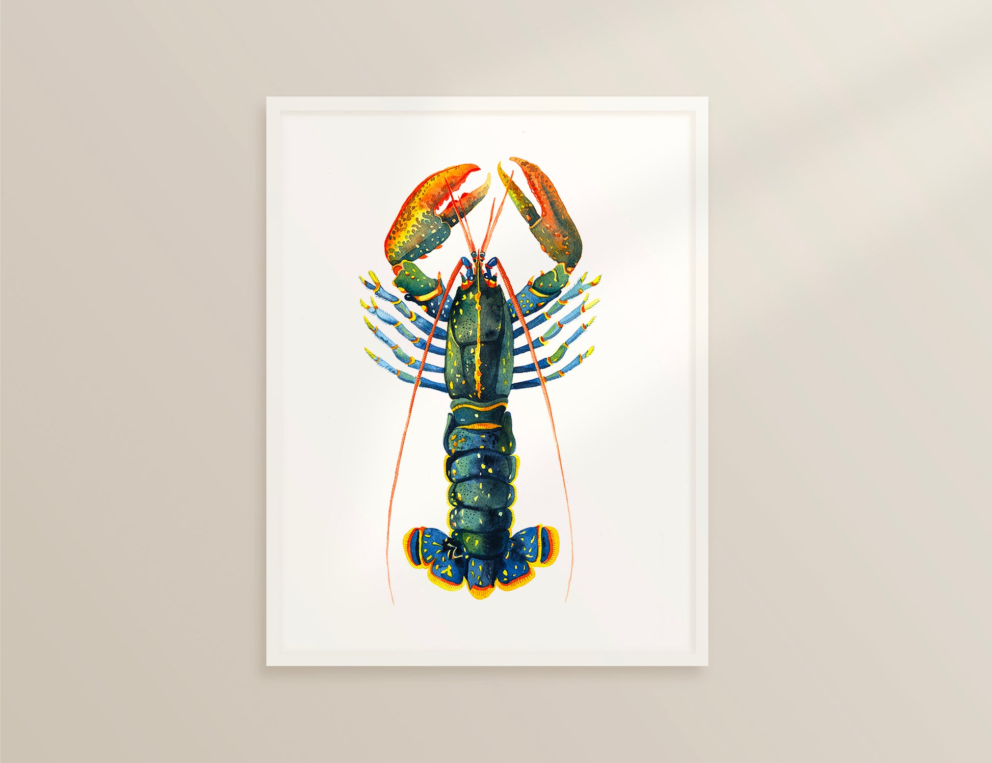 Framed european lobster watercolor art print, displayed on a beige background