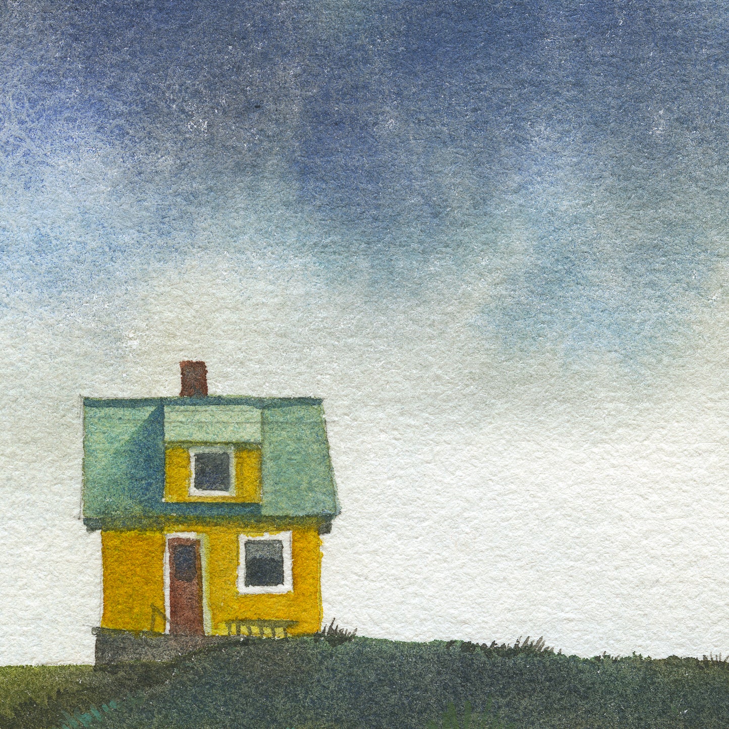 Detail of a watercolor painting of a small colourfull house on the small car-free Flatey island in the Breiðafjörður fjord, beneath a dramatic Icelandic sky.