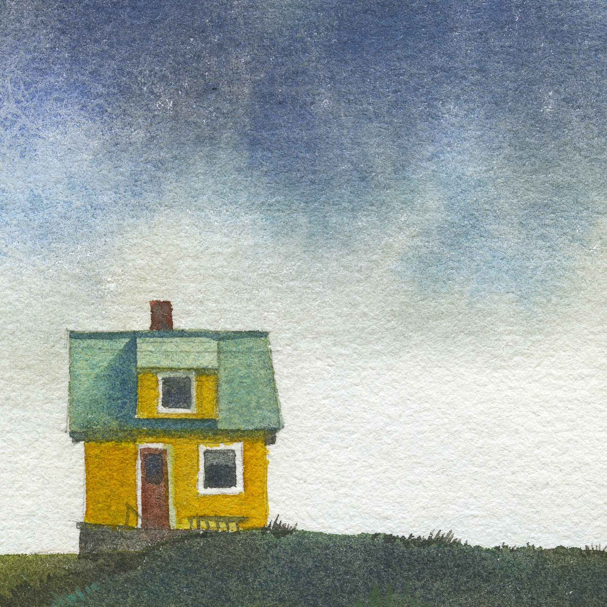 Detail of a watercolor painting of a small colourfull house on the small car-free Flatey island in the Breiðafjörður fjord, beneath a dramatic Icelandic sky.