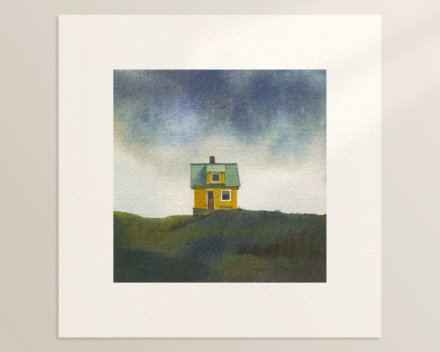 Watercolor painting of a small colourfull house on the small car-free Flatey island in the Breiðafjörður fjord, beneath a dramatic Icelandic sky