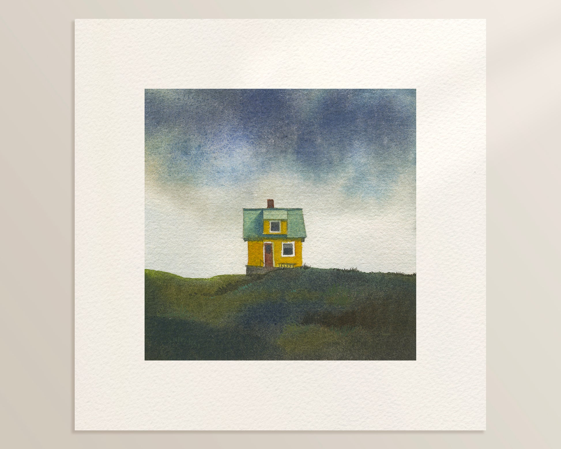 Watercolor painting of a small colourfull house on the small car-free Flatey island in the Breiðafjörður fjord, beneath a dramatic Icelandic sky