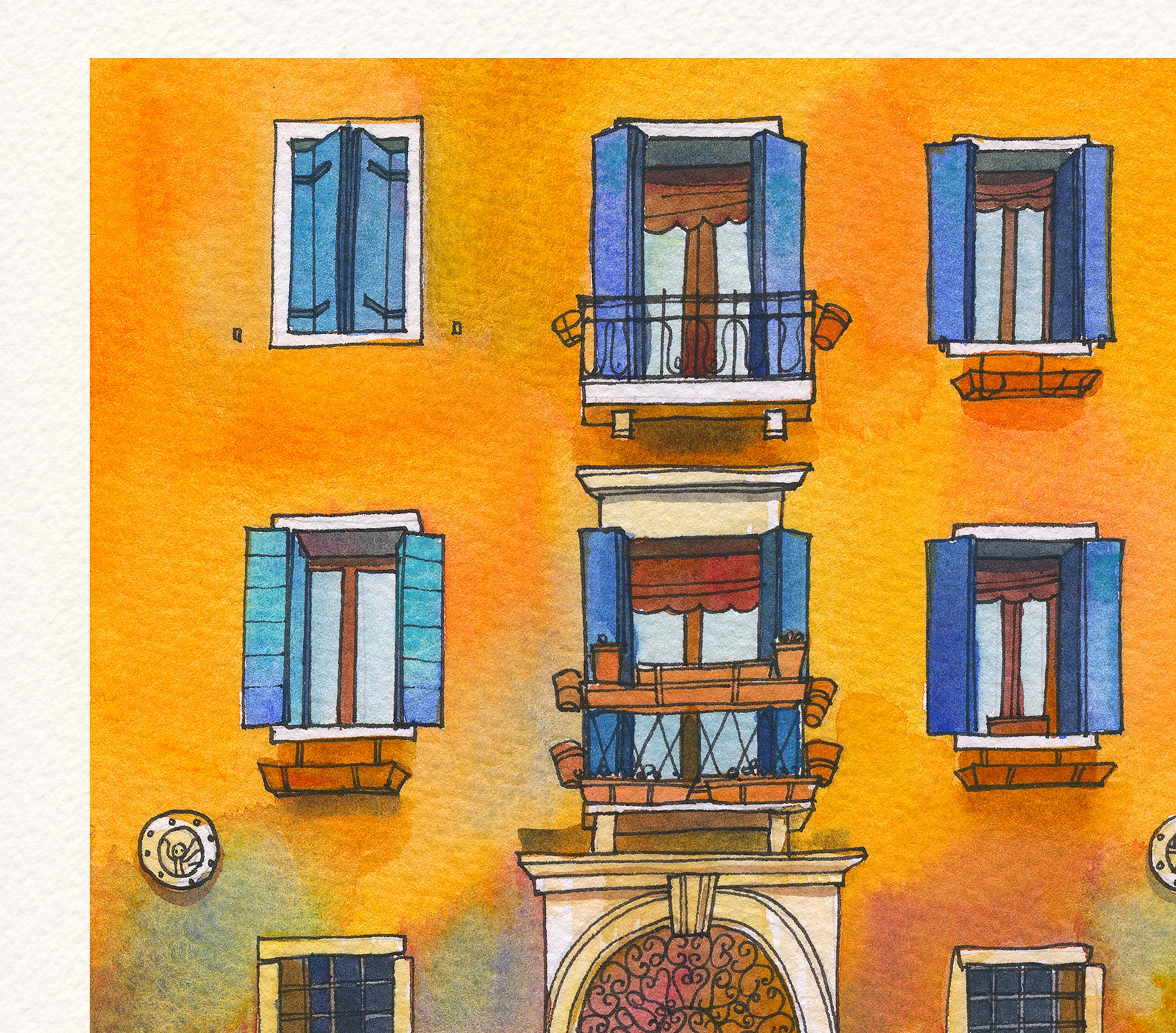 Details of a yellow house facade with windows and balconies on Fondamenta de la Misericordia in Venice, watercolor artwork