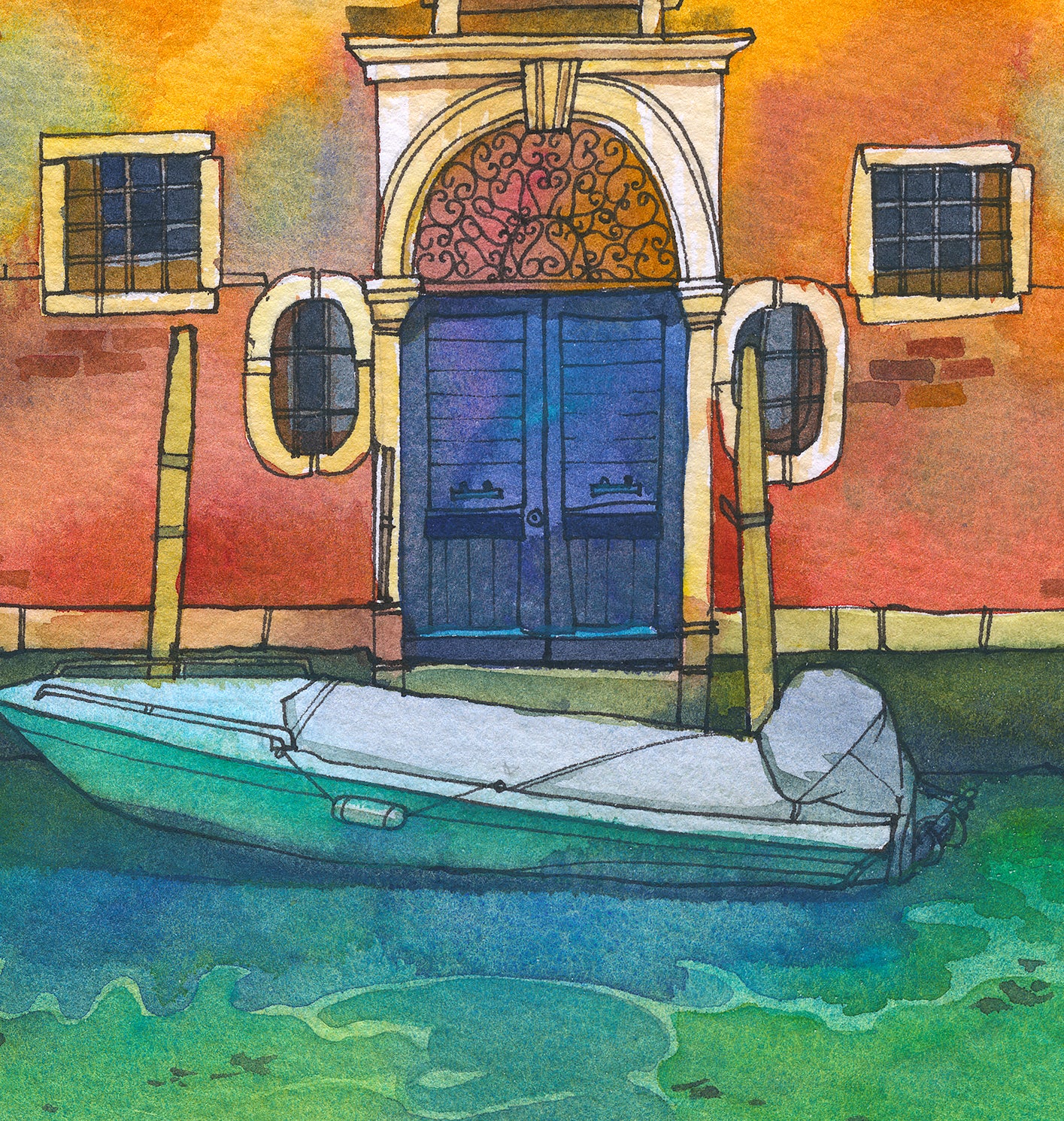 Detail view of the entrance on a watercolor illustration of a yellow house with a boat on Fondamenta de la Misericordia in Venice