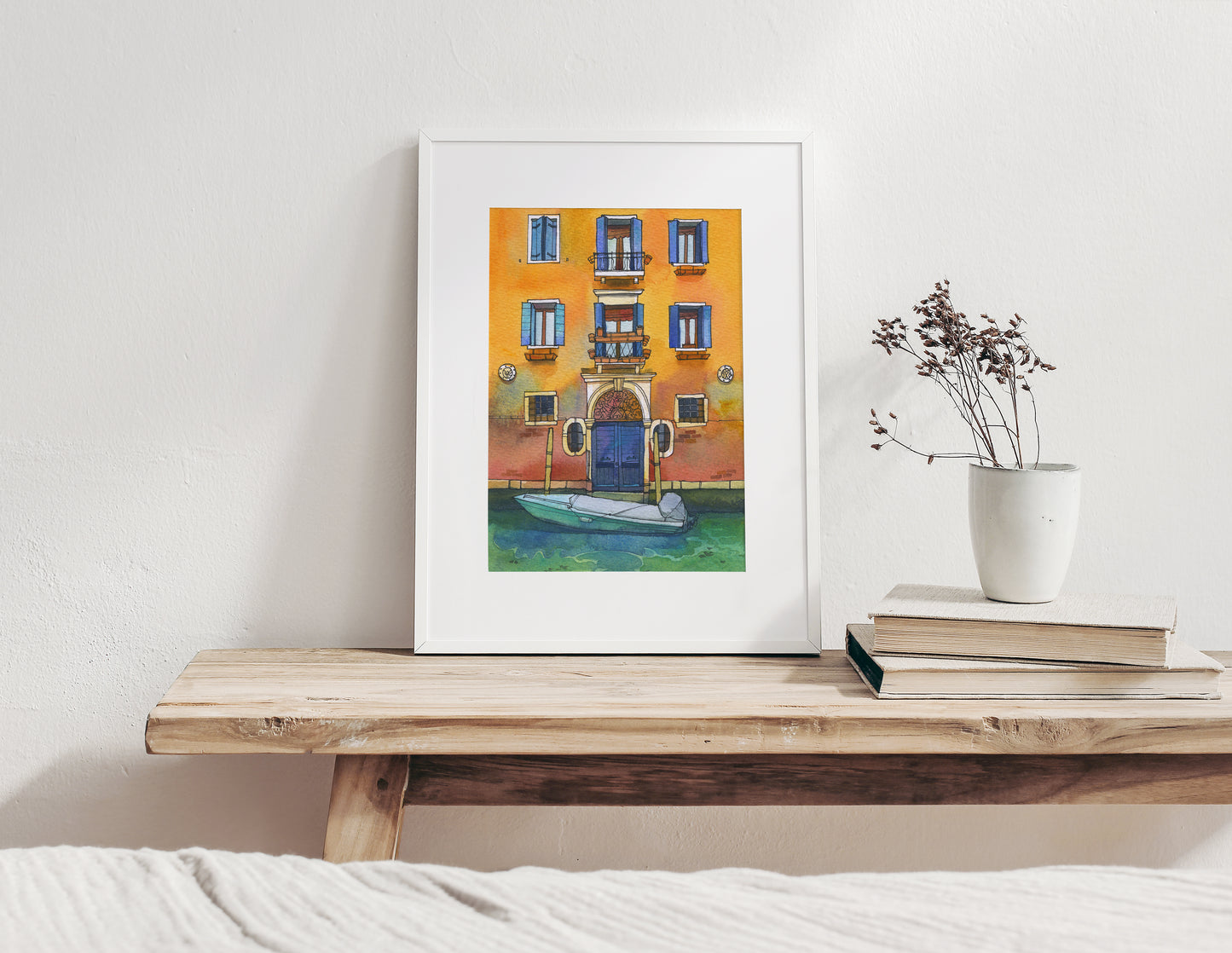 Framed watercolor artwork of a yellow house with a boat on Fondamenta de la Misericordia in Venice