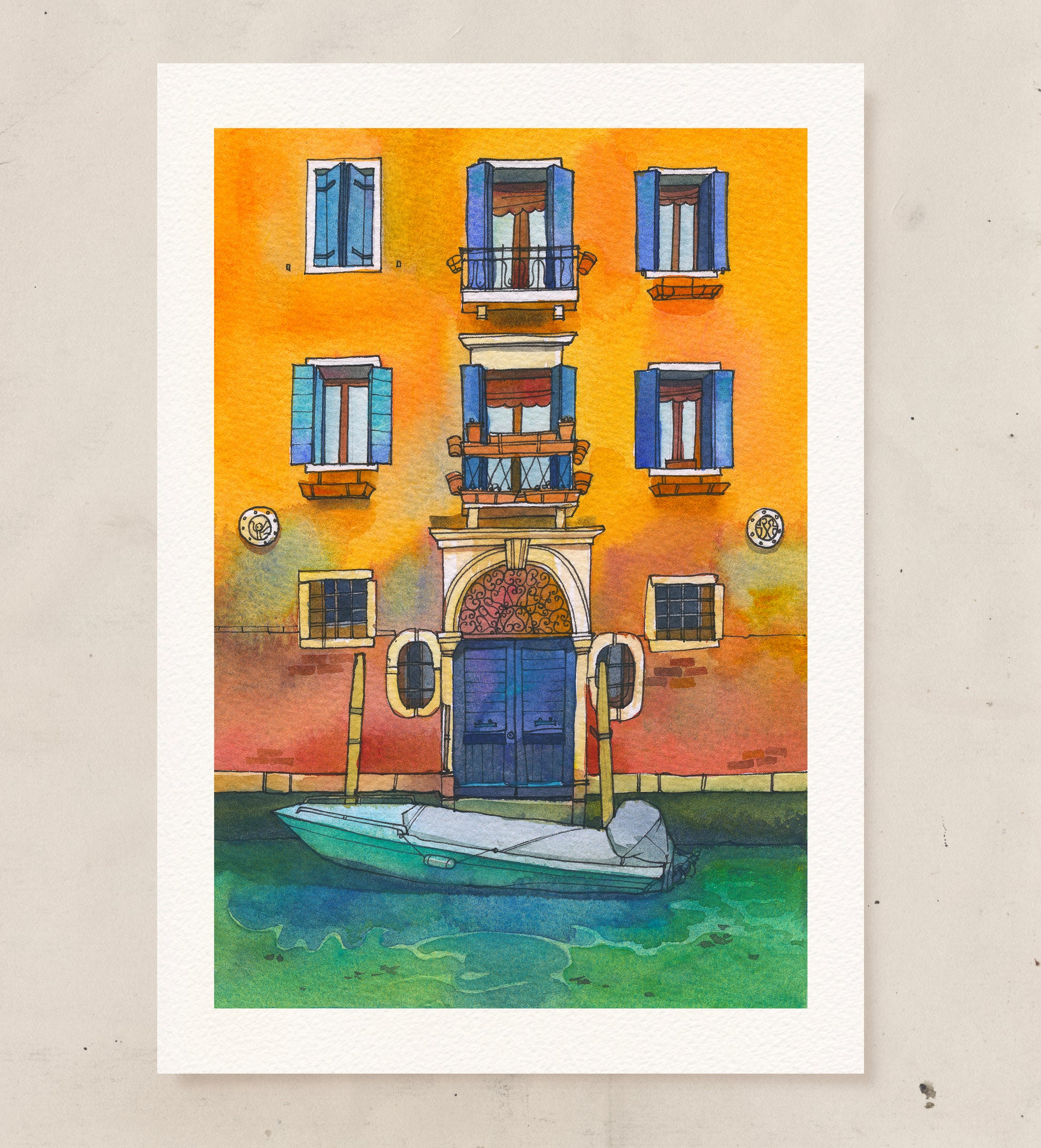 A yellow house with a boat on Fondamenta de la Misericordia in Venice watercolor art print