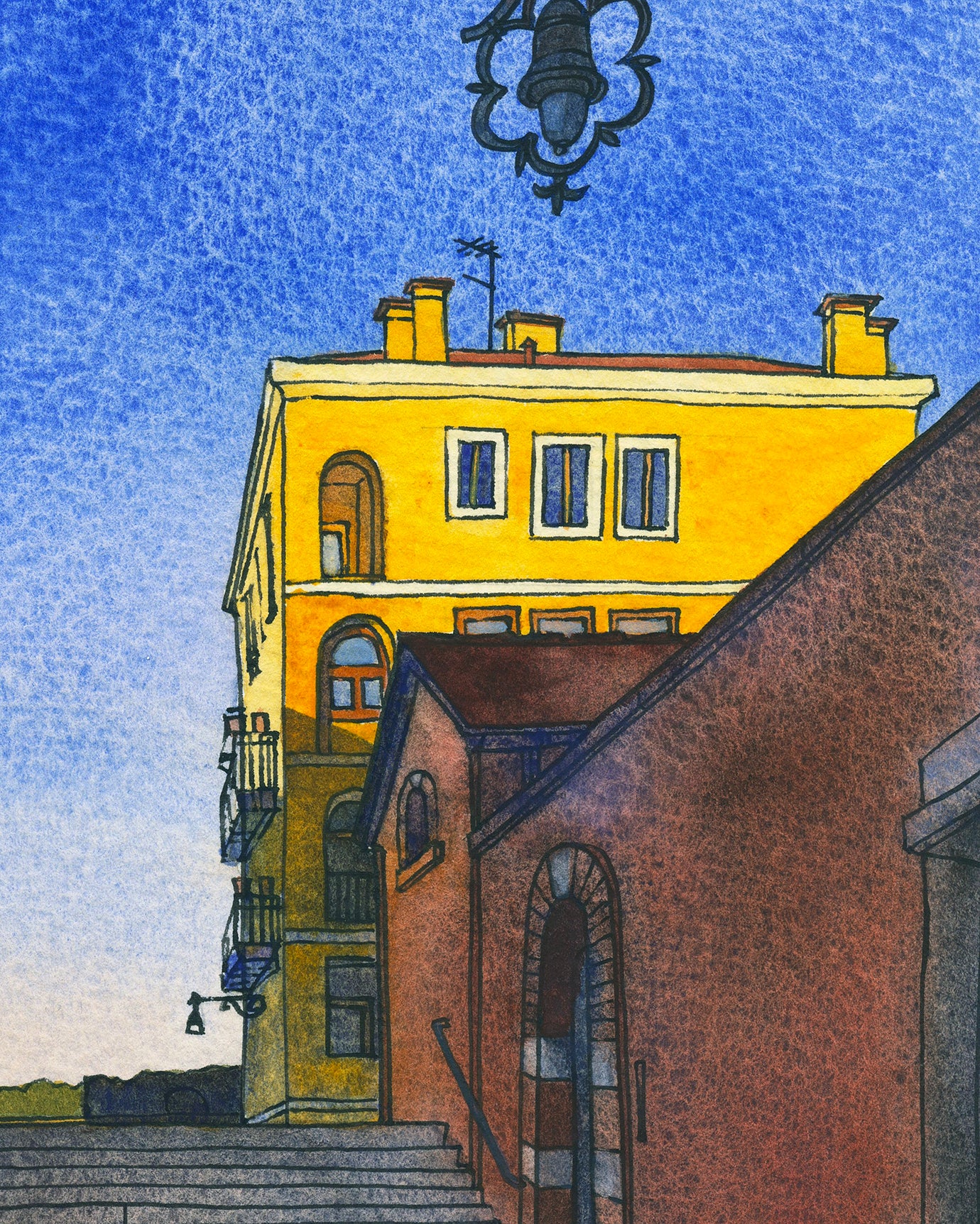Detail view of a watercolor and ink Illustration of a yellow building on Fondamenta Santa Giustina in Venice