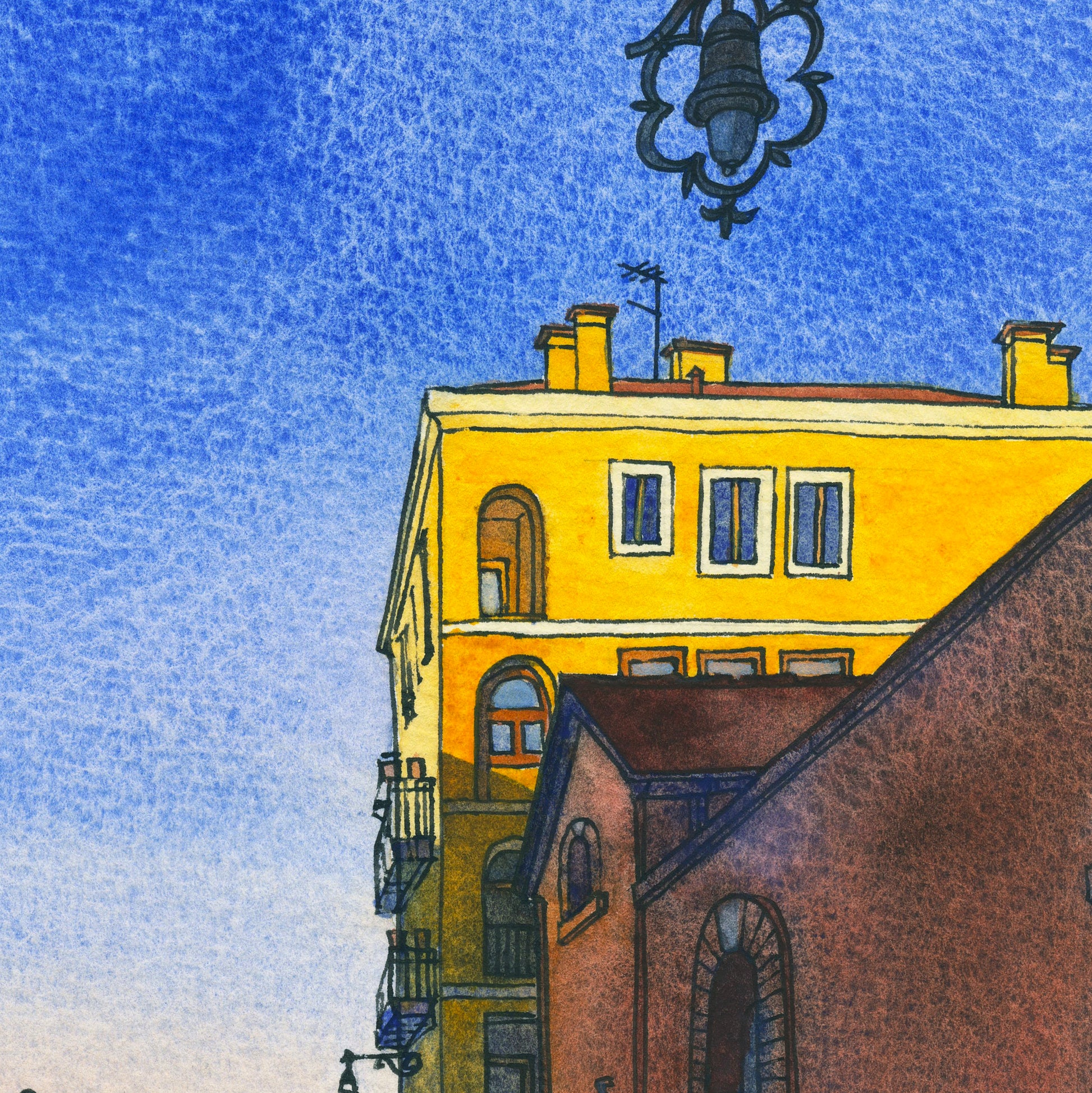 Close-up of a yellow building on Fondamenta Santa Giustina in Venice, watercolor and ink illustration