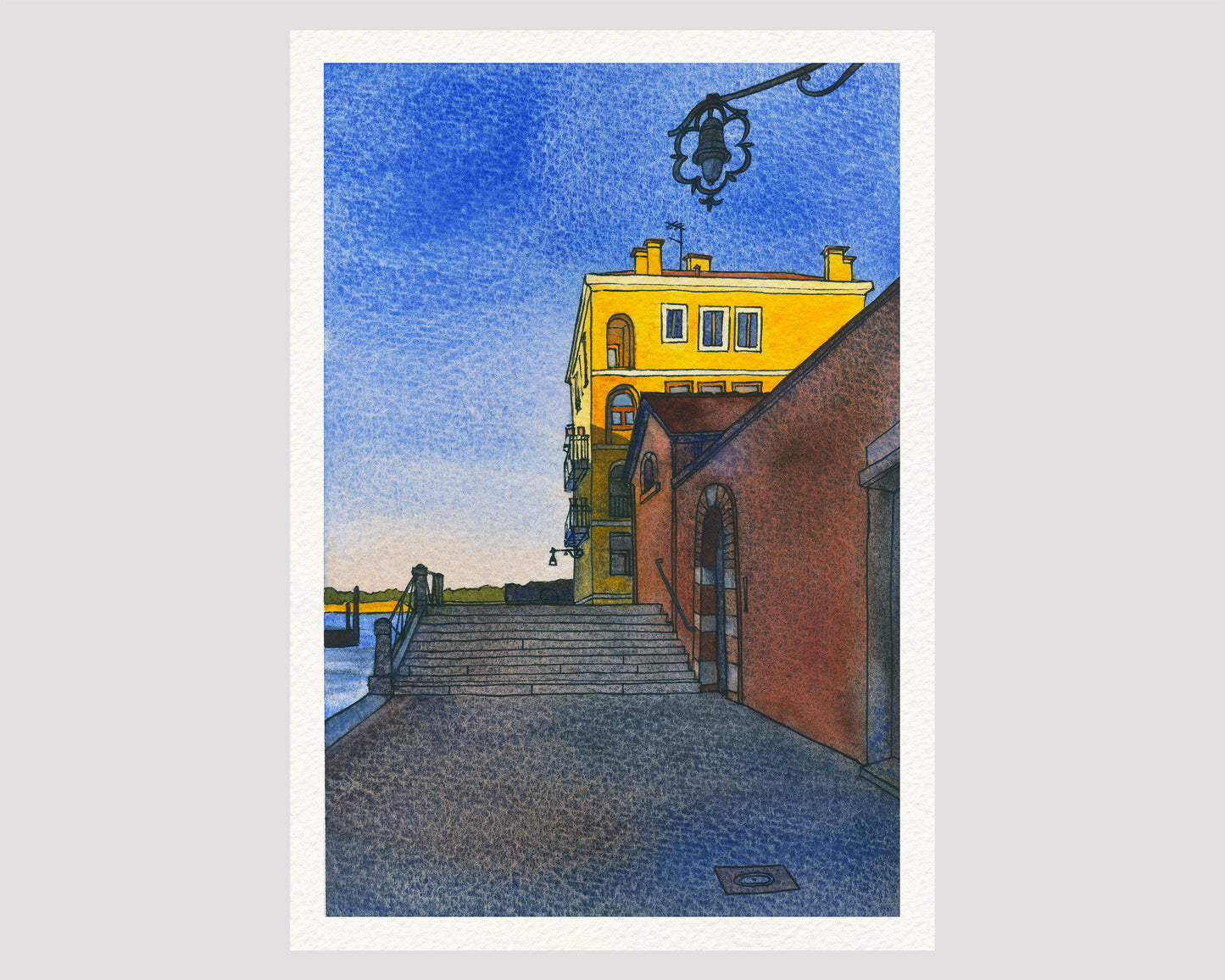 Watercolor and ink artwork featuring a yellow building on Fondamenta Santa Giustina in Venice