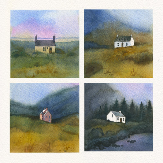 Four watercolor paintings of houses in various moody nordic landscapes