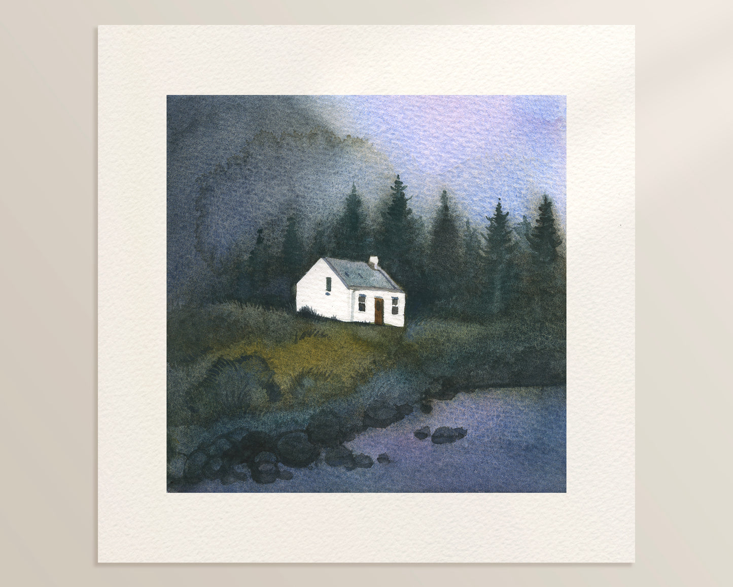 A watercolor landscape featuring a small white Lagagarbh cottage in Glenkoe, Scottish Highlands, beside a body of water, surrounded by dark evergreen trees and a misty blue-gray sky.
