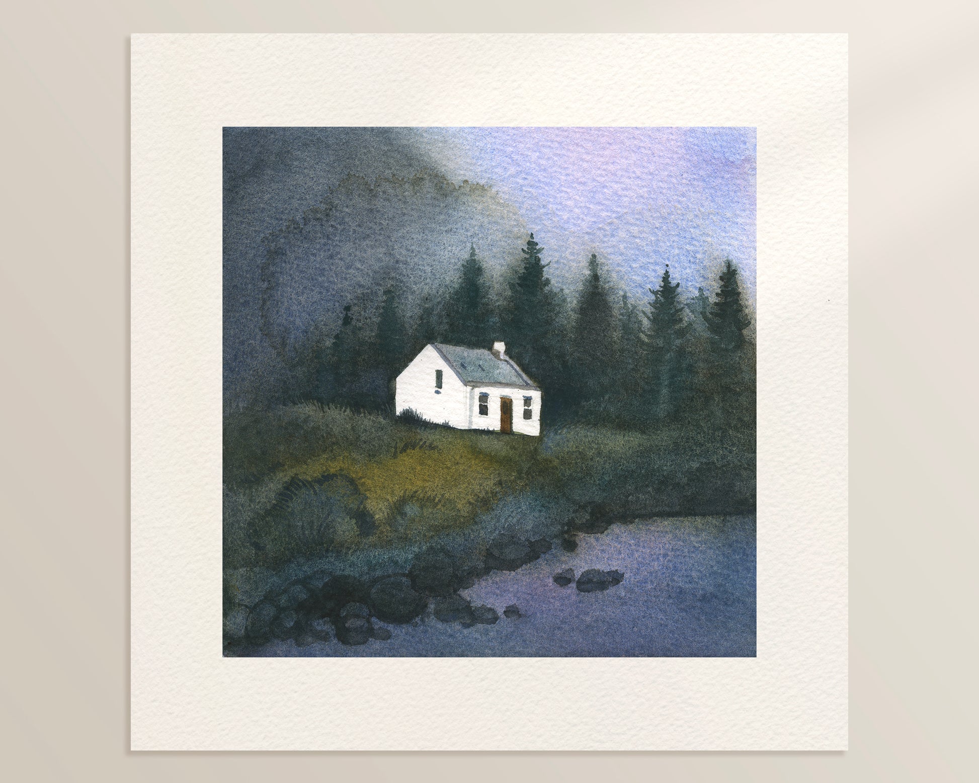 A watercolor landscape featuring a small white Lagagarbh cottage in Glenkoe, Scottish Highlands, beside a body of water, surrounded by dark evergreen trees and a misty blue-gray sky.